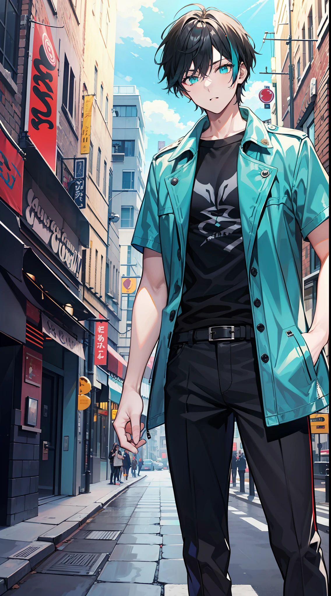 Tall guy, Short black hair, Cyan eyes, leather trenchcoat, black trousers, Black T-shirt, Masterpiece, high qulity