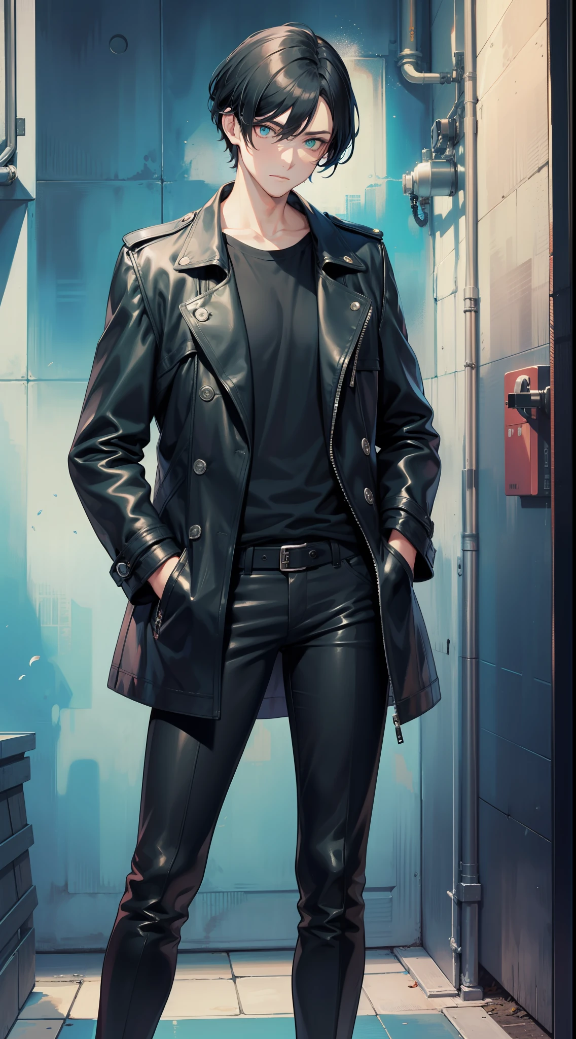 Tall guy, Short black hair, Cyan eyes, leather trenchcoat, black trousers, Black T-shirt, Masterpiece, high qulity