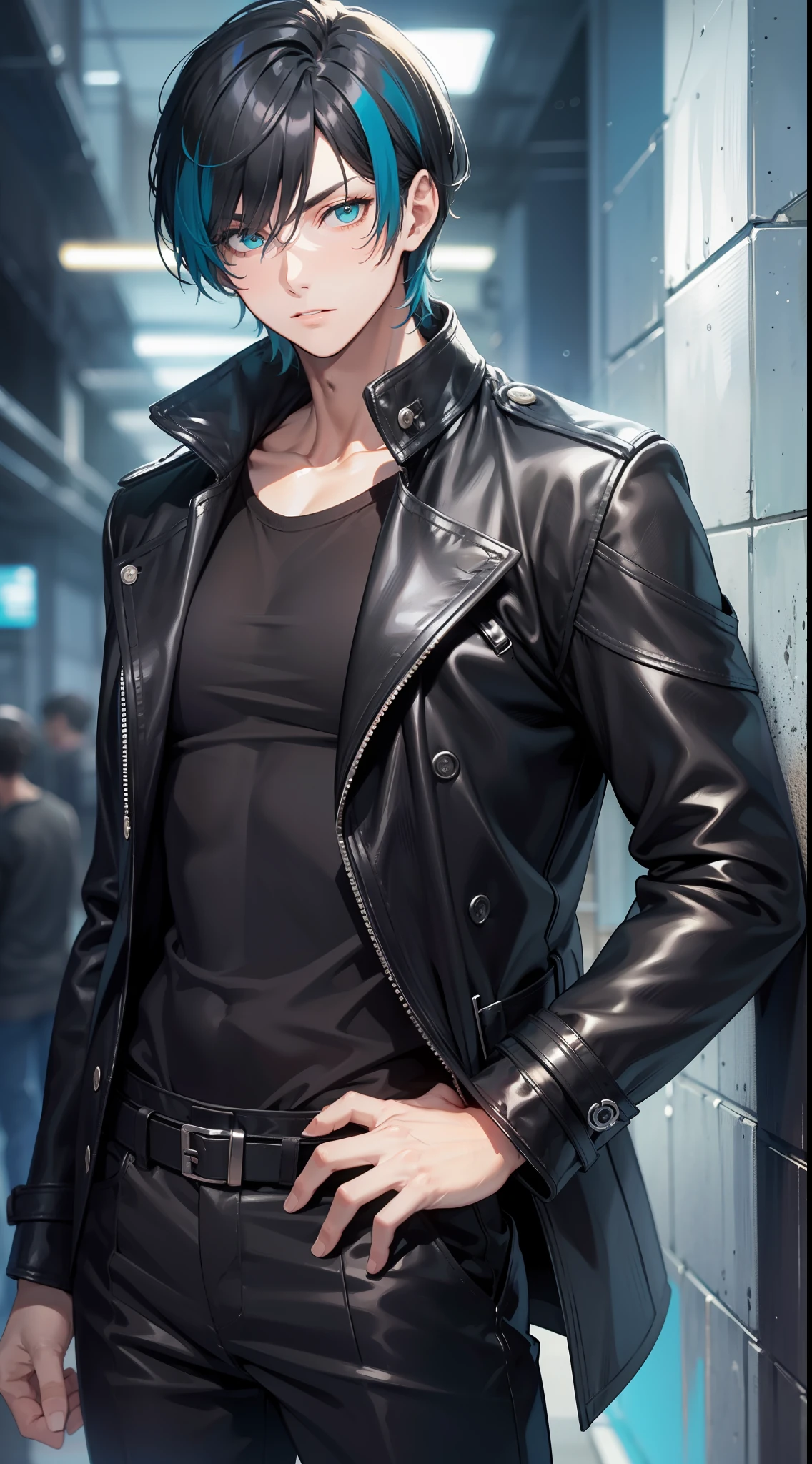 Tall guy, Short black hair, Cyan eyes, leather trenchcoat, black trousers, Black T-shirt, Masterpiece, high qulity