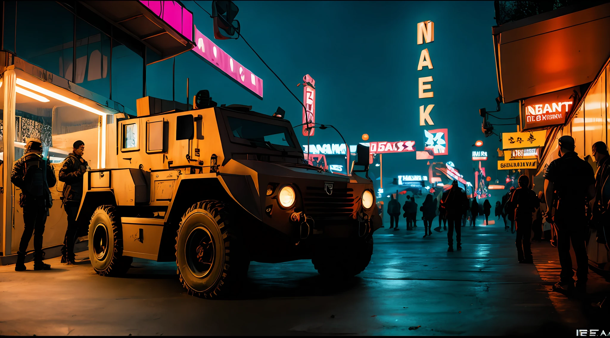obra-prima, Army Soldiers, Tanques, dia em uma cidade cyberpunk bustling with neon signs, noite, lotado de pessoas, aesthetic cyberpunk, Very detailed lighting, Dramatic, trending digital art in Artstation 8k HD realistic detailed high definition, detalhado, textura da pele, hiper detalhado, textura de pele realista, armadura, melhor qualidade, Ultra alto nada, (fotorrealista: 1.4), alta resolução, detalhado, foto crua, sharp re, por Lee Jeffries Nikon D850 Film Fotografia de Stock 4 Kodak Portra 400 Camera F1.6 lens rich colors hyper realistic texture dramatic lighting unrealengine trend in artstation cinestill 800