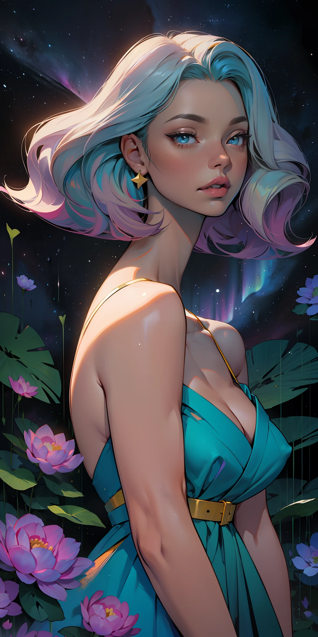 peony/lotus/cornflower/wheat/mallow/ chamomile/poppy/Wildflowers,professional,abstract beauty,approaching perfection,Dynamic,Highly detailed,digitally painted,Artstation,Concept art,Smooth,Sharp focus,illutst,Artists: by Carne Griffiths, Wadim Kashin,leonid afremov,kandinsky,Psychedelic,watercolour,crystals foil,stylish,fantastic,gold,colorful neon, s face, waist-high, portrait of a, up close, near, close up, queen, a goddess, A glorious sunrise, aura, glow, multi-colored bright aurora borealis, Spectrum Rainbow,Colored feathers, In a chic, lavender white mint hair, pastel, mixed-language_SMS, (beautiful and clear background:1.2),, fantastic paintings , olhos altamente detalhados, crystals, outer space, galaxy, Gorgeous hair, Background Flora Peony, poppy, hydrangea, Plants. Loving. Love. ultra detailed hair, Best Quality, high qulity, high resolucion, detail enhancement, ((most beautiful image in the world)), Masterpiece, Best Quality, High Quality Detail Enhancement, ((most beautiful image ), Shiny hair, Ultra chic lace panties, Stampa Flores, art by stjepan sejic, art by j scott campbell, art by guillem march, art by citemer liu, 4k, high resolucion, comic book character, comic, high quality detailed, style of ::2.0 comix illustration style,tatoon style, high qulity, high resolucion, detail enhancement, 8K, HD, Best Quality, high qulity, high resolucion, detail enhancement, 8K, HDR, Sharp focus, Ultra Detailed, perfect lighting, Curvy Body, Lush big breasts, Curvy big hips, On Bed, sparks, Stars, The Cycle of the Stars