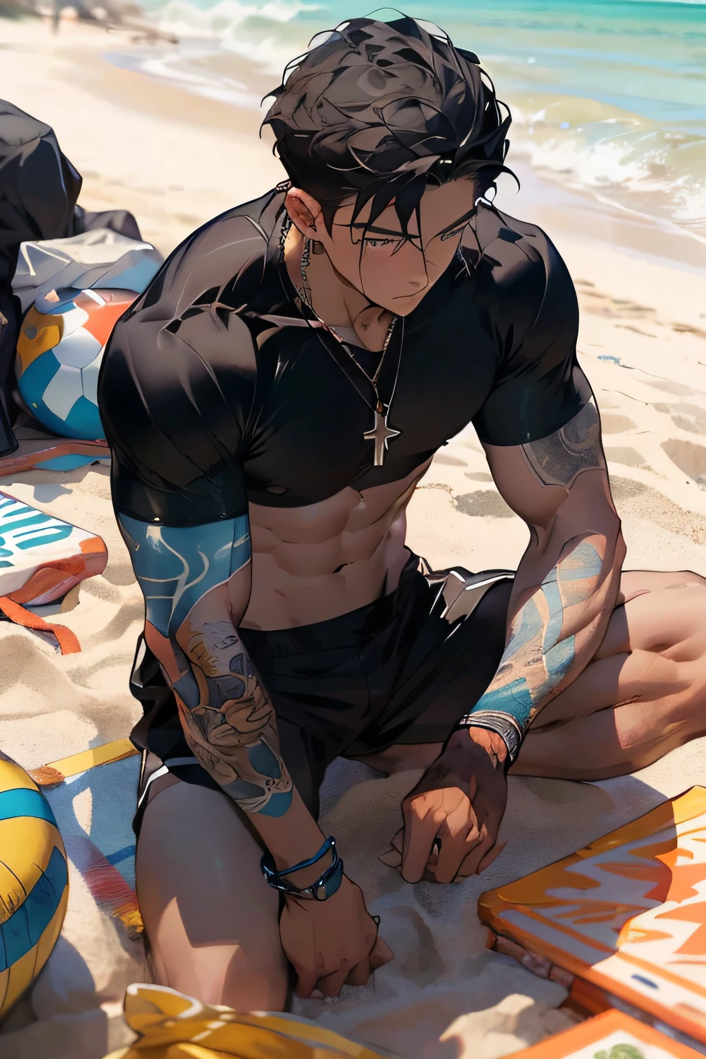 Realistic, (masterpiece, top quality, best quality, official art), very detailed, colorful, most detailed, gods, short hair, black hair, handsome man, sea, necklace, beach, pectorals, abs