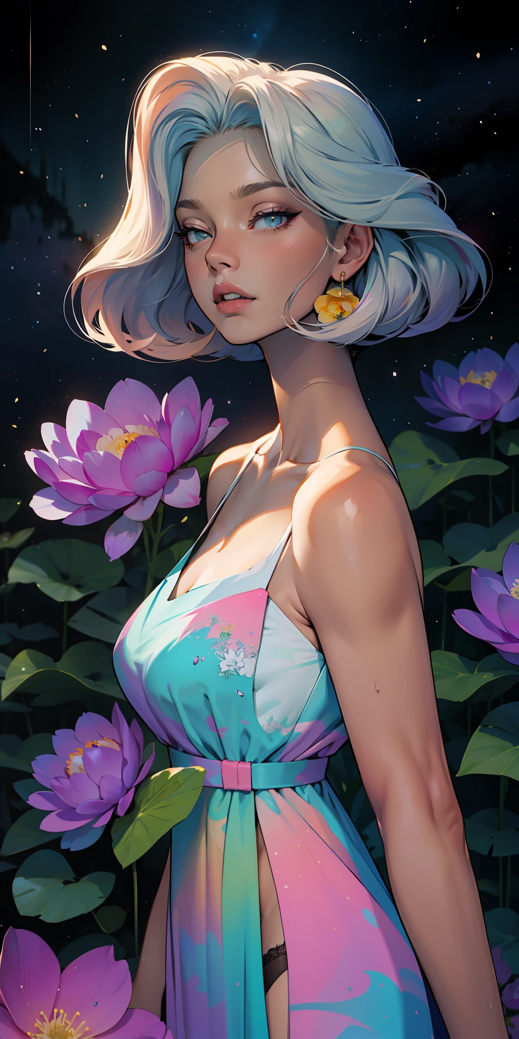 peony/lotus/cornflower/wheat/mallow/ chamomile/poppy/Wildflowers,professional,abstract beauty,approaching perfection,Dynamic,Highly detailed,digitally painted,Artstation,Concept art,Smooth,Sharp focus,illutst,Artists: by Carne Griffiths, Wadim Kashin,leonid afremov,kandinsky,Psychedelic,watercolour,crystals foil,stylish,fantastic,gold,colorful neon, s face, waist-high, portrait of a, up close, near, close up, queen, a goddess, A glorious sunrise, aura, glow, multi-colored bright aurora borealis, Spectrum Rainbow,Colored feathers, In a chic, lavender white mint hair, pastel, mixed-language_SMS, (beautiful and clear background:1.2),, fantastic paintings , olhos altamente detalhados, crystals, outer space, galaxy, Gorgeous hair, Background Flora Peony, poppy, hydrangea, Plants. Loving. Love. ultra detailed hair, Best Quality, high qulity, high resolucion, detail enhancement, ((most beautiful image in the world)), Masterpiece, Best Quality, High Quality Detail Enhancement, ((most beautiful image ), Shiny hair, Ultra chic lace panties, Stampa Flores, art by stjepan sejic, art by j scott campbell, art by guillem march, art by citemer liu, 4k, high resolucion, comic book character, comic, high quality detailed, style of ::2.0 comix illustration style,tatoon style, high qulity, high resolucion, detail enhancement, 8K, HD, Best Quality, high qulity, high resolucion, detail enhancement, 8K, HDR, Sharp focus, Ultra Detailed, perfect lighting, Curvy Body, Lush big breasts, Curvy big hips, On Bed, sparks, Stars, The Cycle of the Stars