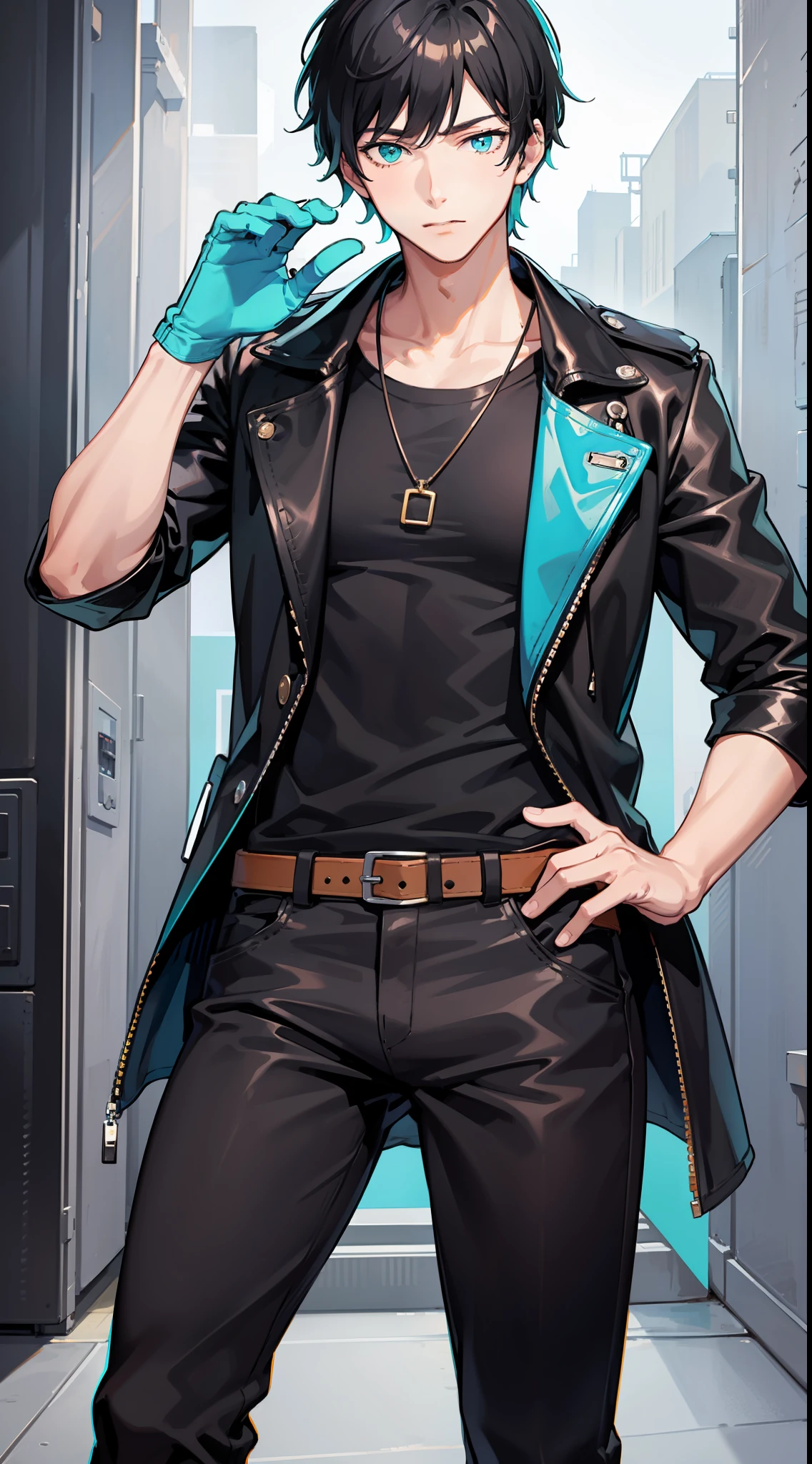 Tall guy, Short black hair, Cyan eyes, leather trenchcoat, black trousers, Black T-shirt, Masterpiece, high qulity