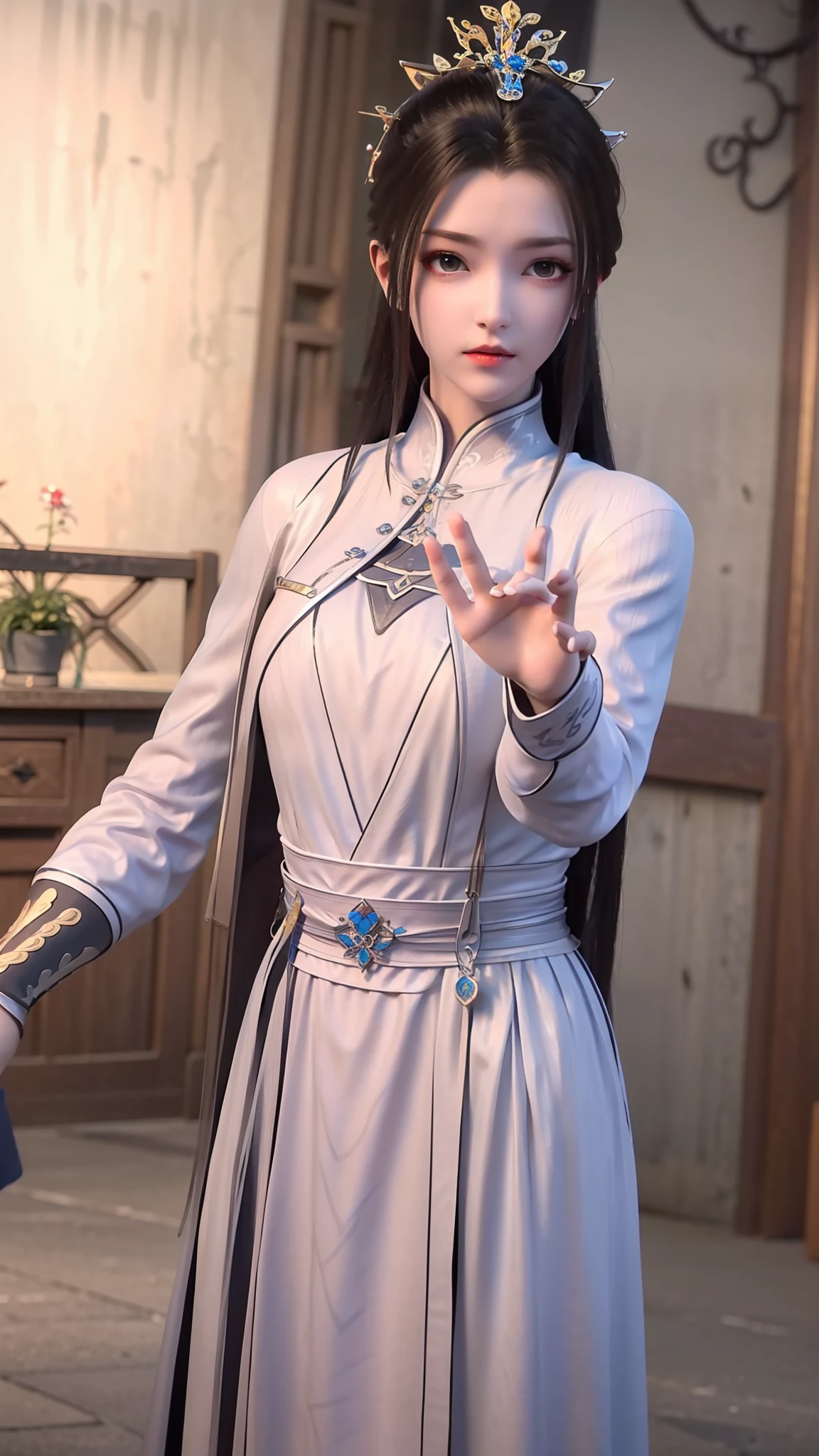 masterpiece,best quality,1girl, brown eyes, black_hair, chinese clothes,red dress,crown,jewelry,hair ornament,looking_at_viewer, cowboy shot,