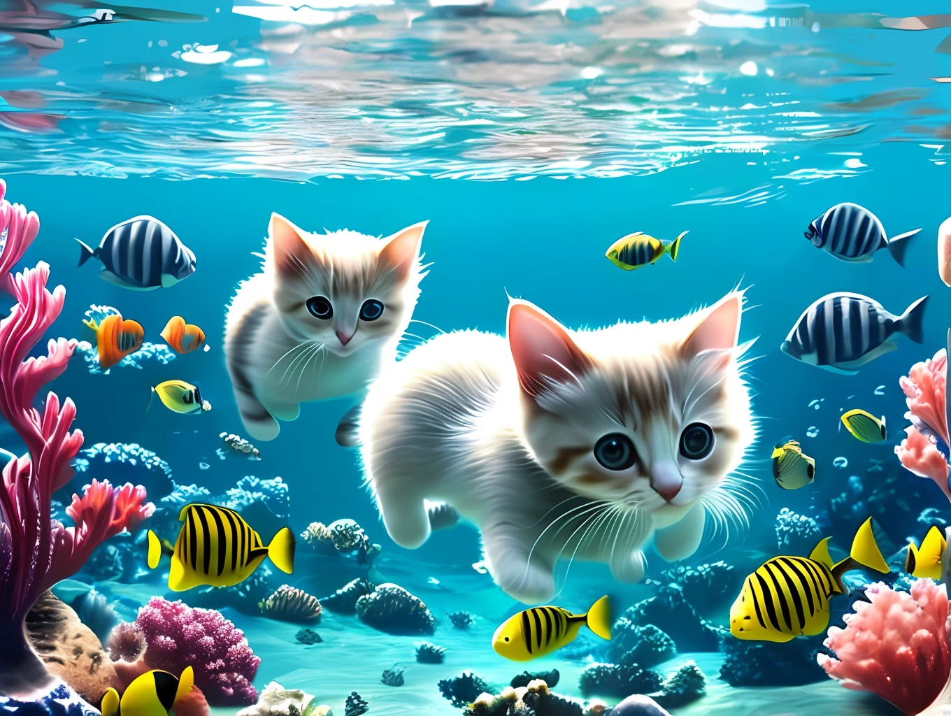 cute kittens swimming under the sea, hyper realistic, 8k --auto --s2