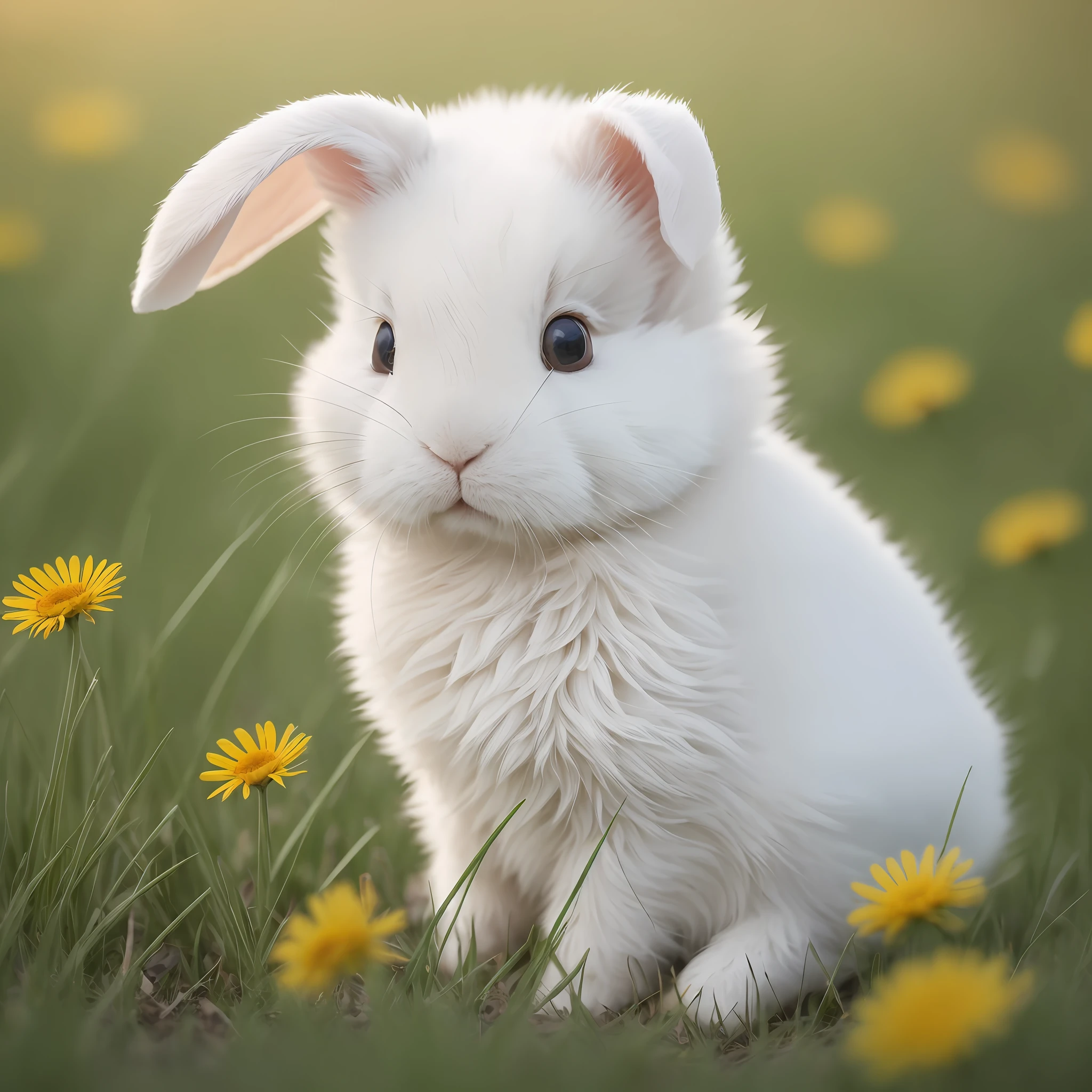 ((Top image quality、8K、A masterpice)) grass field、White little rabbit、Looks happy、Sunny with blue sky、