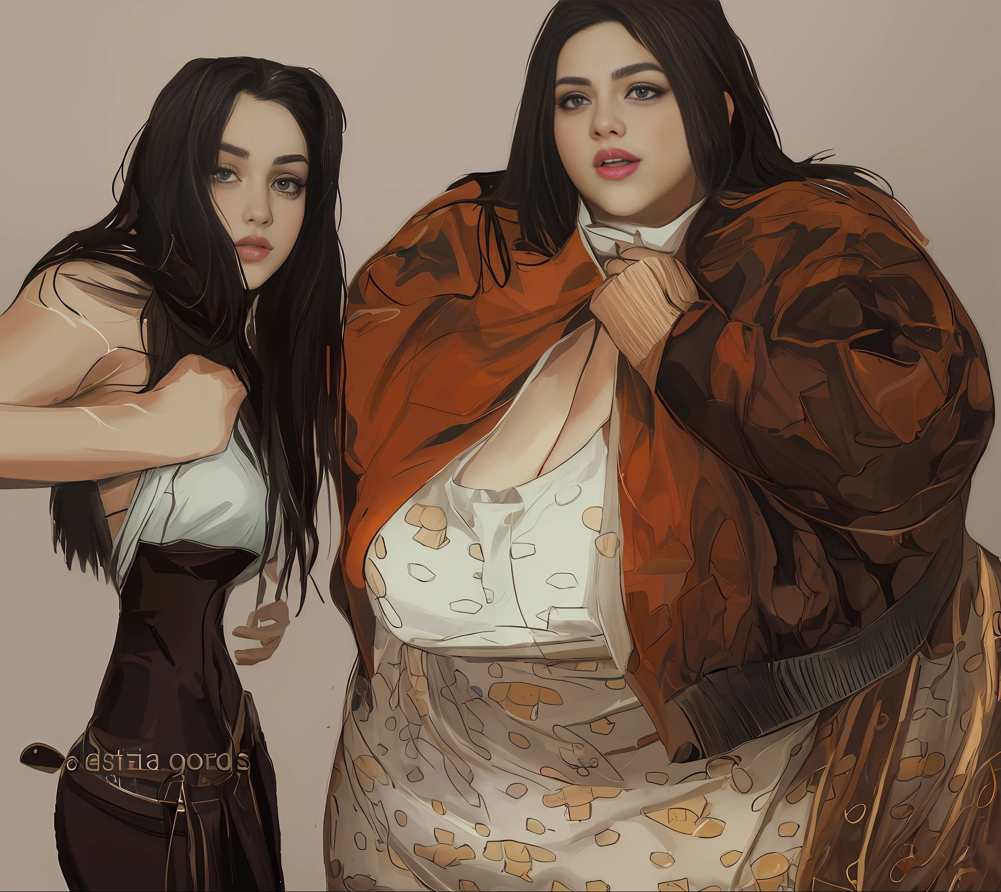 there are two women that are standing next to each other, in the art style of bowater, arte digital. @Mariomaniacdude, Pintura digital de dibujos animados, # 1 pintura digital de todos los tiempos, #1 pintura digital de todos los tiempos, en estilo de pintura digital, Charli Bowater y Artgeem, dolor digital, obeso ), oil digital painting, fondo blanco.