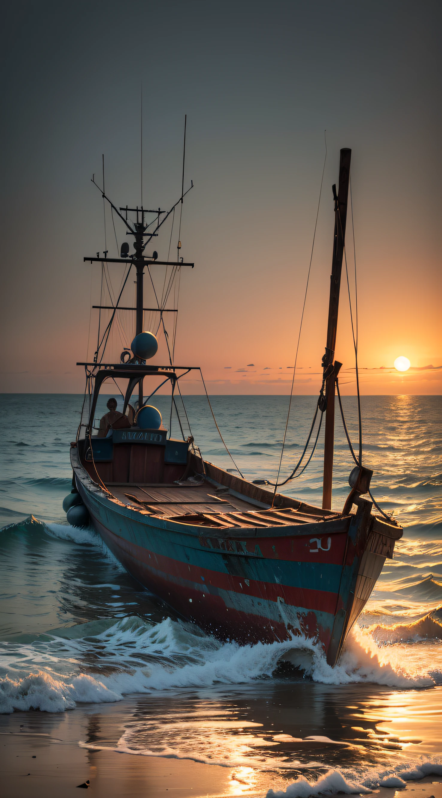 Dimly lit sea,Dilapidated fishing boats in the sea,Fishman