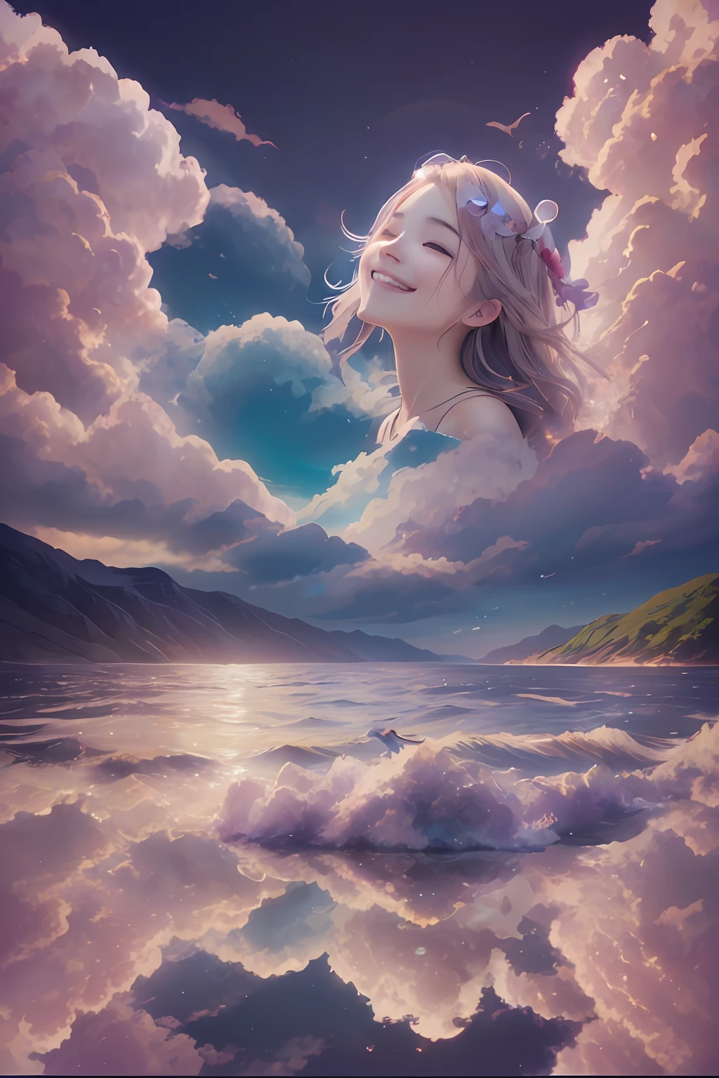 an angel、comely、Happy smile、Gentle background、the clouds、Colorful clouds、Fantastical、Bright background、high picture quality、tenderness､joy、aureole 、 Sea Background -Auto