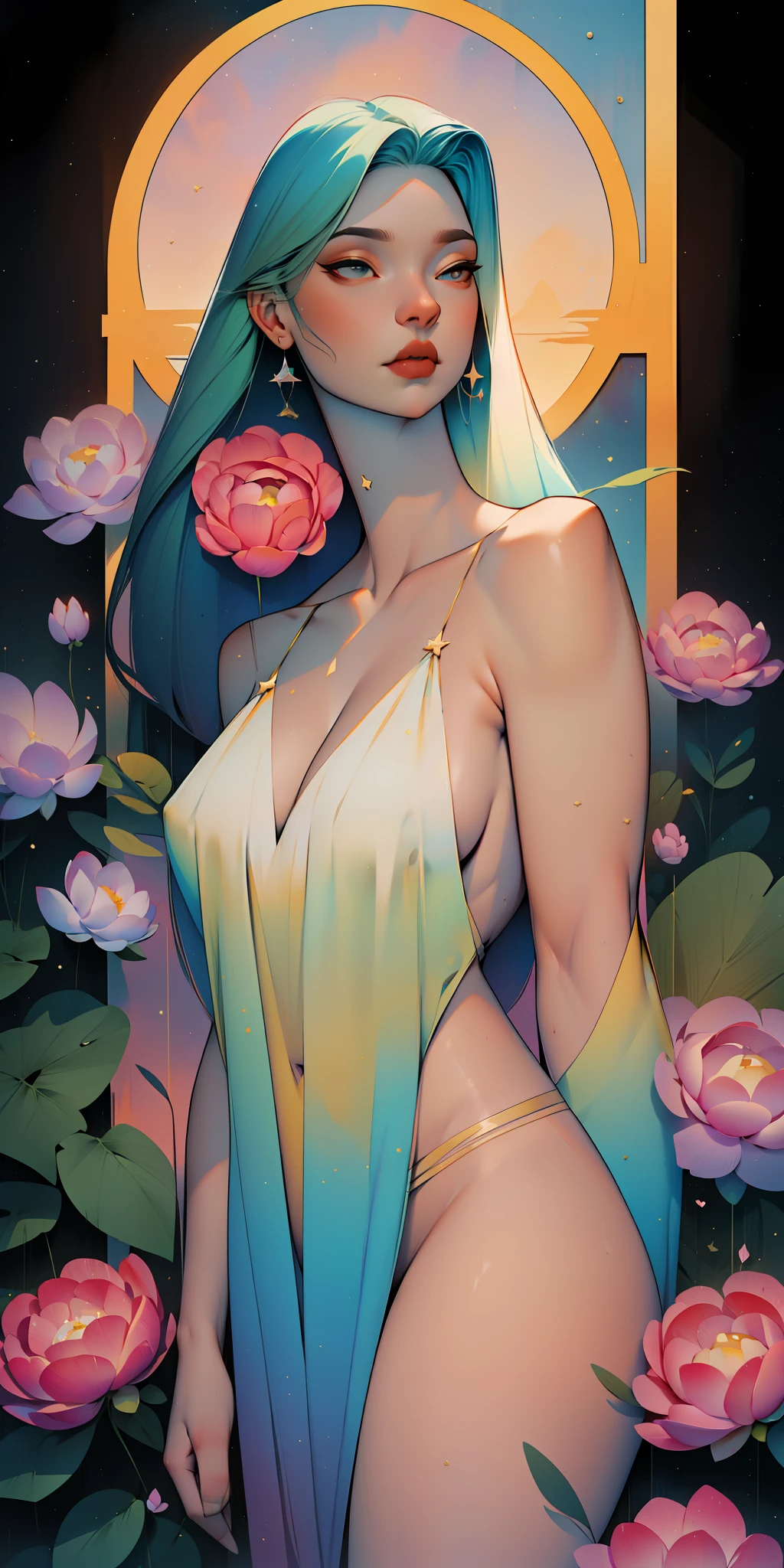 peony/lotus/cornflower/wheat/mallow/ chamomile/poppy/Wildflowers,professional,abstract beauty,approaching perfection,Dynamic,Highly detailed,digitally painted,Artstation,Concept art,Smooth,sharp-focus,an illustration,Artists: by Carne Griffiths, Wadim Kashin,leonid afremov,kandinsky,Psychedelic,watercolour,crystals foil,stylish,fantastic,gold,colorful neon, s face, waist-high, portrait of a, up close, near, close up, queen, a goddess, A glorious sunrise, aura, glow, multi-colored bright aurora borealis, Spectrum Rainbow,Colored feathers, In a chic, lavender white mint hair, pastel, mixed-language_SMS, (beautiful and clear background:1.2),, fantastic paintings , olhos altamente detalhados, crystals, outer space, galaxy, Gorgeous hair, Background Flora Peony, poppy, hydrangea, Plants. Loving. Love. ultra detail hair, Best Quality, high qulity, high resolucion, detail enhancement, ((most beautiful image in the world)), Masterpiece, Best Quality, High Quality Detail Enhancement, ((most beautiful image ), Shiny hair, Ultra chic lace panties, Stampa Flores, art by stjepan sejic, art by j scott campbell, art by guillem march, art by citemer liu, 4k, high resolucion, comic book character, comic, high quality detailed, style of ::2.0 comix illustration style,tatoon style, high qulity, high resolucion, detail enhancement, 8K, HD, Best Quality, high qulity, high resolucion, detail enhancement, 8K, HDR, sharp-focus, Ultra Detailed, perfect lighting, Curvy Body, Lush big breasts, Curvy big hips, On Bed, sparks, Stars, The Cycle of the Stars