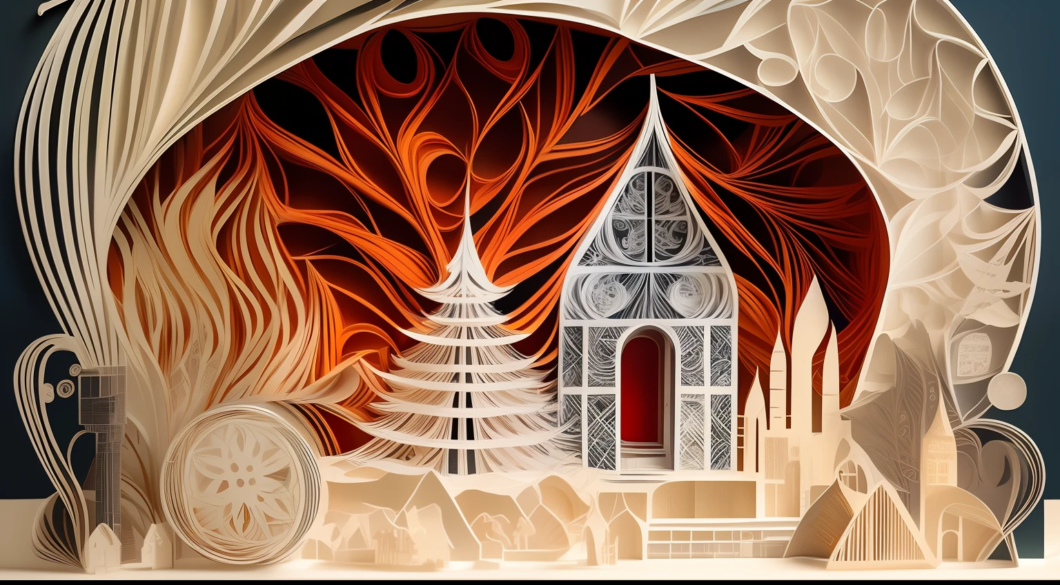 Multilayered and multidimensional paper cutting craft, paper illustration, paper quilling, 3D, inside a colorful house, inside a bright house, dancing, large mirror, knee long black hair, dress, daytime landscape, detailed depiction, multilayered and multidimensional paper cutting craft, paper illustration, Paper Cutout, 3D, Fractal, Beautiful Colors, Scenic Paper Cutout, DMT, 32k, 16k, Ultimate Perfect Beautiful Magnificent Composition, Highly Detailed, Intricate Design, Light On Border, Super Detailed, Surrealistic, Photorealistic