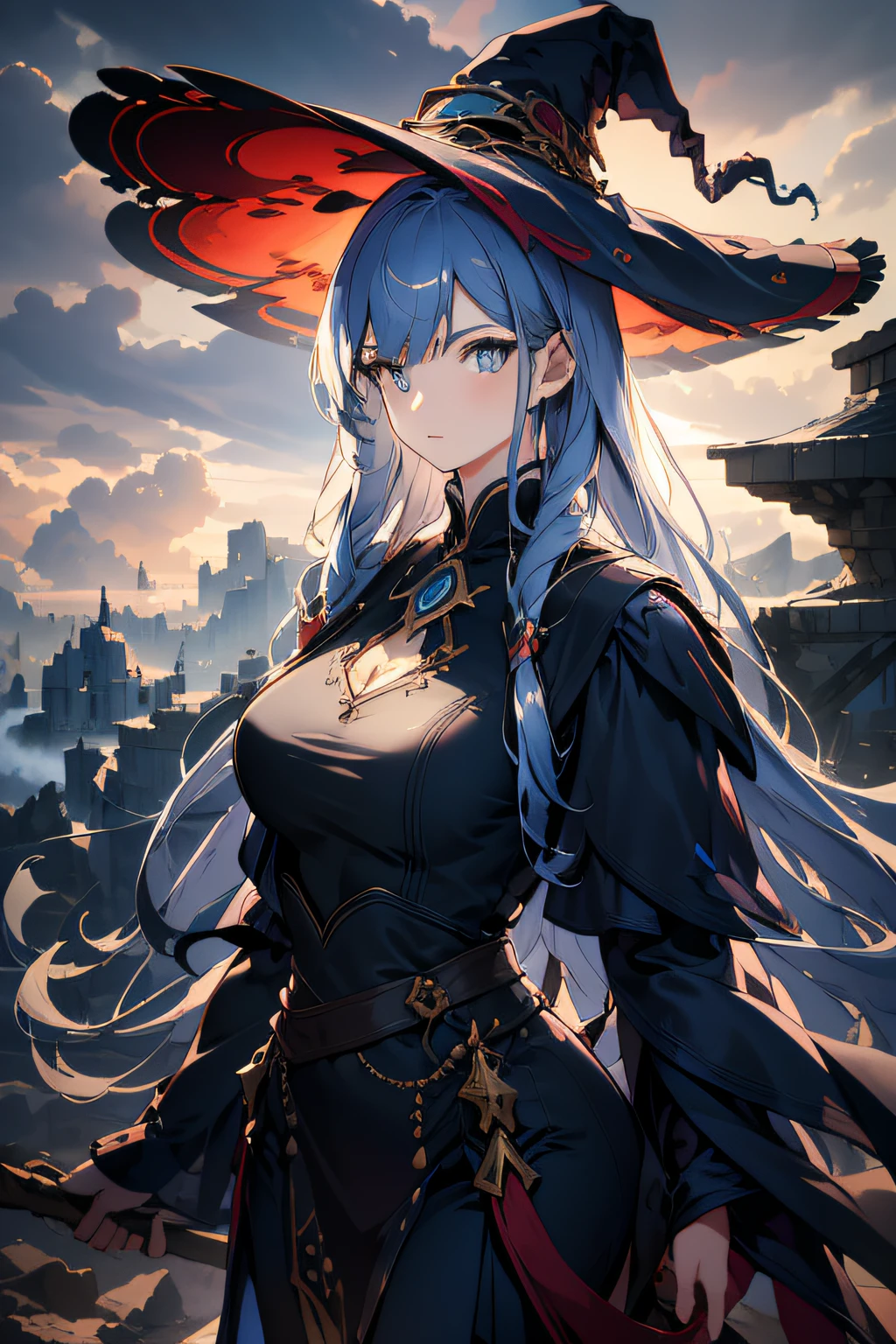 (masterpiece, fine, beautiful eyes: 1.2), ultra-detailed, illustrated, a mysterious and mysterious witch in a deep purple robe standing in a world of her own creation surrounded by a swirling cloud of arcane magic. , Detailed Backgrounds, (Realistic: 2), Volumetric Light, Sunlight, Light, Sky, Clouds,