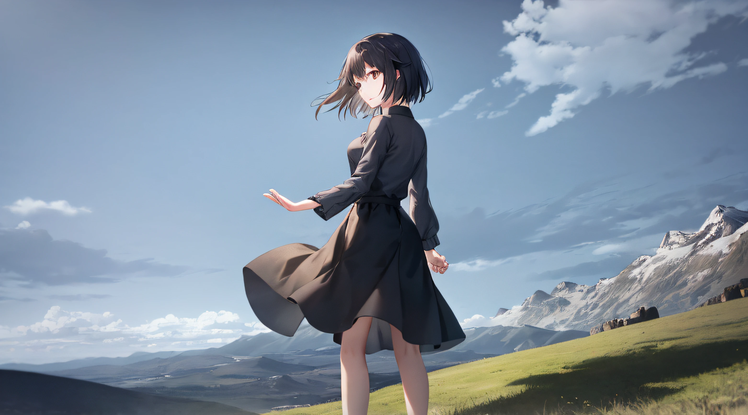 Very detailed and precise illustrations、Rear view of a very beautiful 25 year old woman、I can't see my face、独奏、Standing without cutting your head、Slightly low angle、Perfect beautiful fingertips、Standing on a hill with legs spread wide and looking at the clouds in the distance、Brown berry shorthair、Perfect round gray eyes、Small breasts、Both hands are lowered、独奏、Dark grey long-sleeved shirt、Wearing a long dark brown skirt。Wearing dark brown shoes、Very bad weather、Black sky、windy、Fantastic mountain background、Makoto Shinkai CG Art。