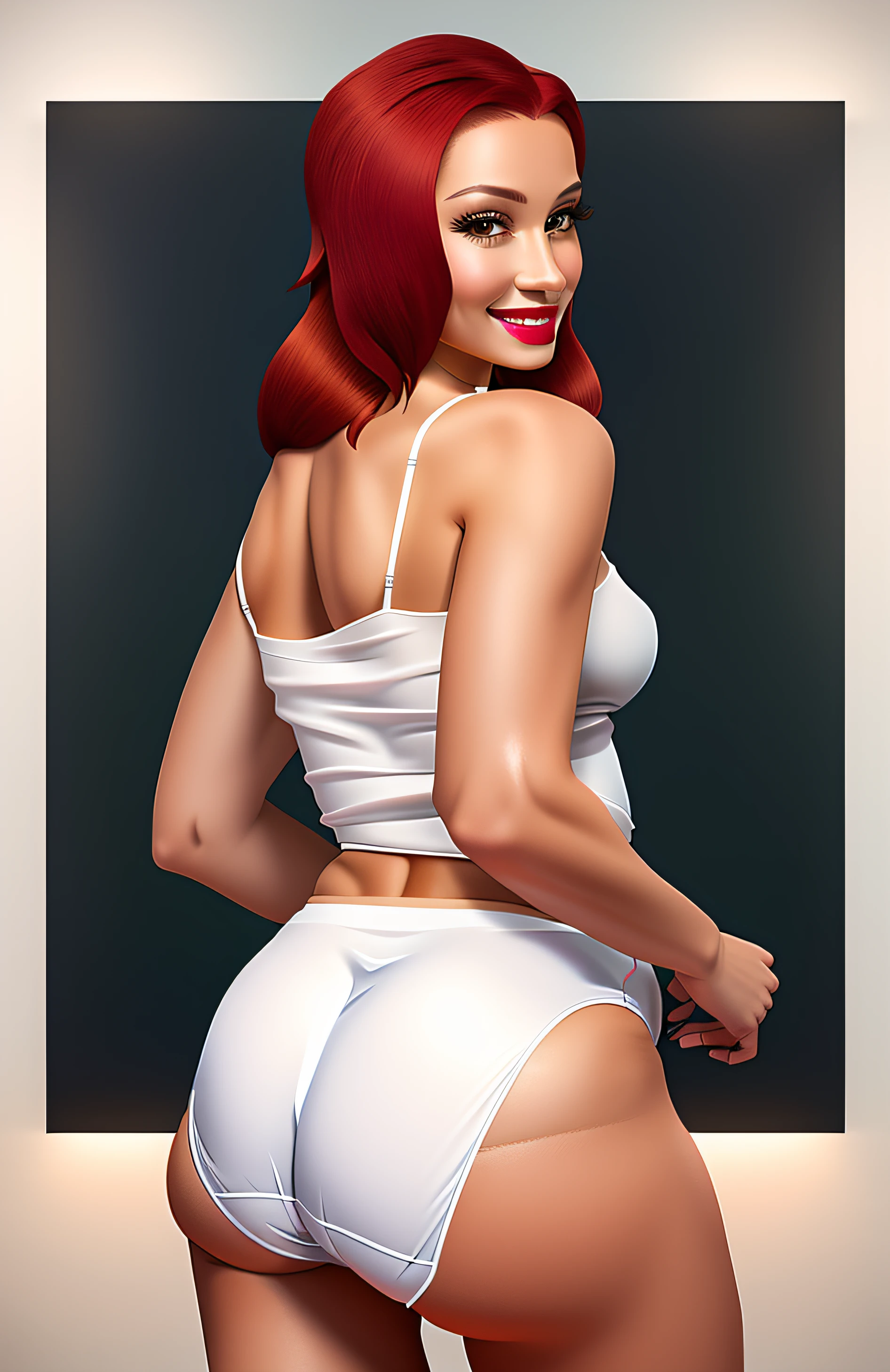 Red haired Latina, in white camisole, and big white cotton panties, big butt, back shot, wearing lipstick, smiling, realistic art style, intricate details