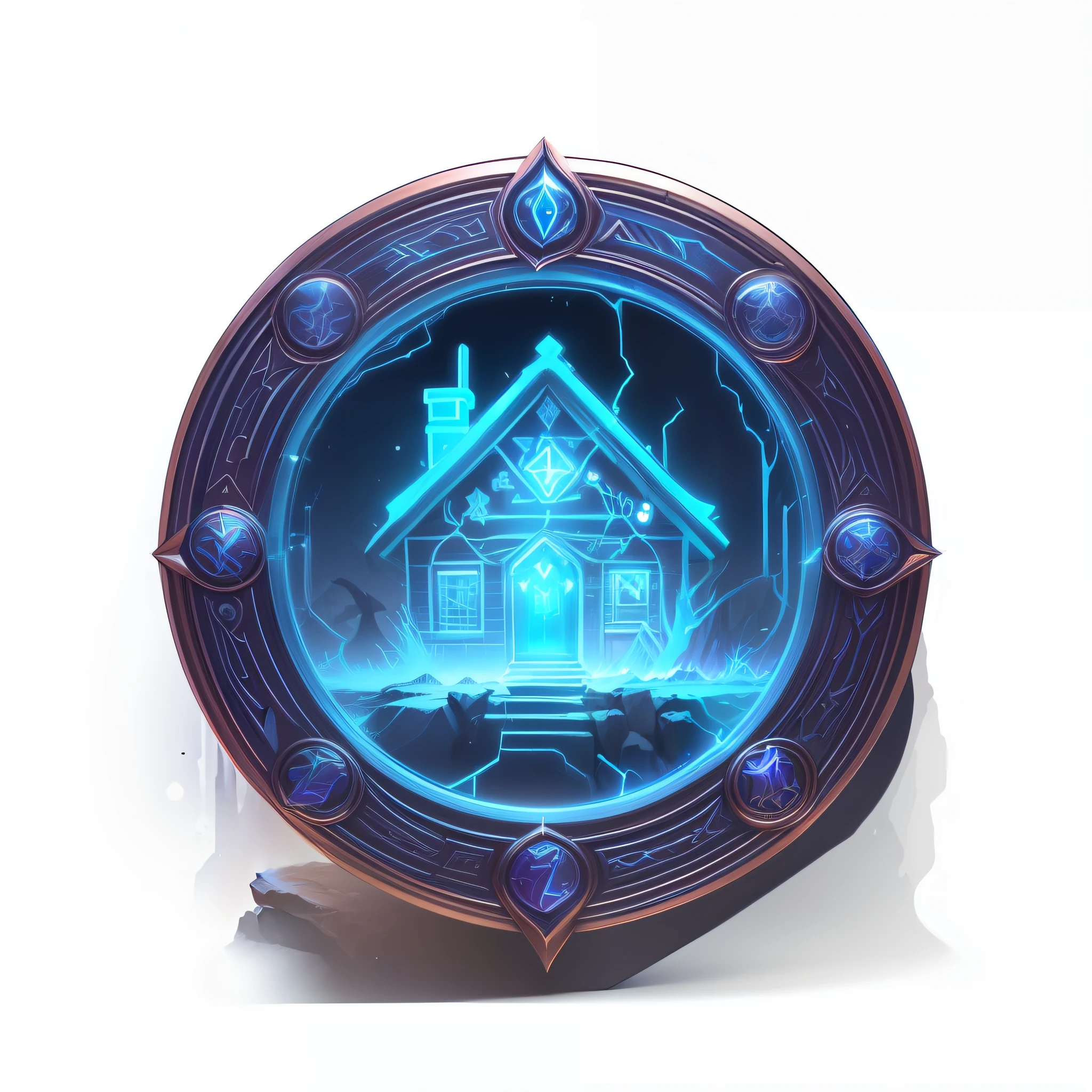 a close up of a house with a neon sign in the middle, fantasy game spell symbol, 3 d icon for mobile game, game icon asset, game icon stylized, fantasy game spell icon, fundo de casa, Detailed game art, Game icon, lightning mage spell icon, fantasy house, emblem of wisdom, ancient symbol behind it, game assets, game asset occult。The background color of the plot is a dark gradient，Below the icon are the words "AI Magic House" --auto