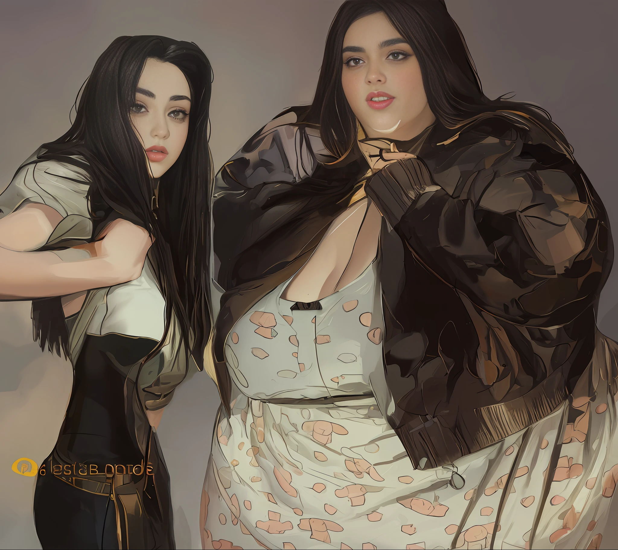 there are two women that are standing next to each other, in the art style of bowater, arte digital. @Mariomaniacdude, Pintura digital de dibujos animados, # 1 pintura digital de todos los tiempos, #1 pintura digital de todos los tiempos, en estilo de pintura digital, Charli Bowater y Artgeem, dolor digital, obeso ), oil digital painting, fondo blanco.