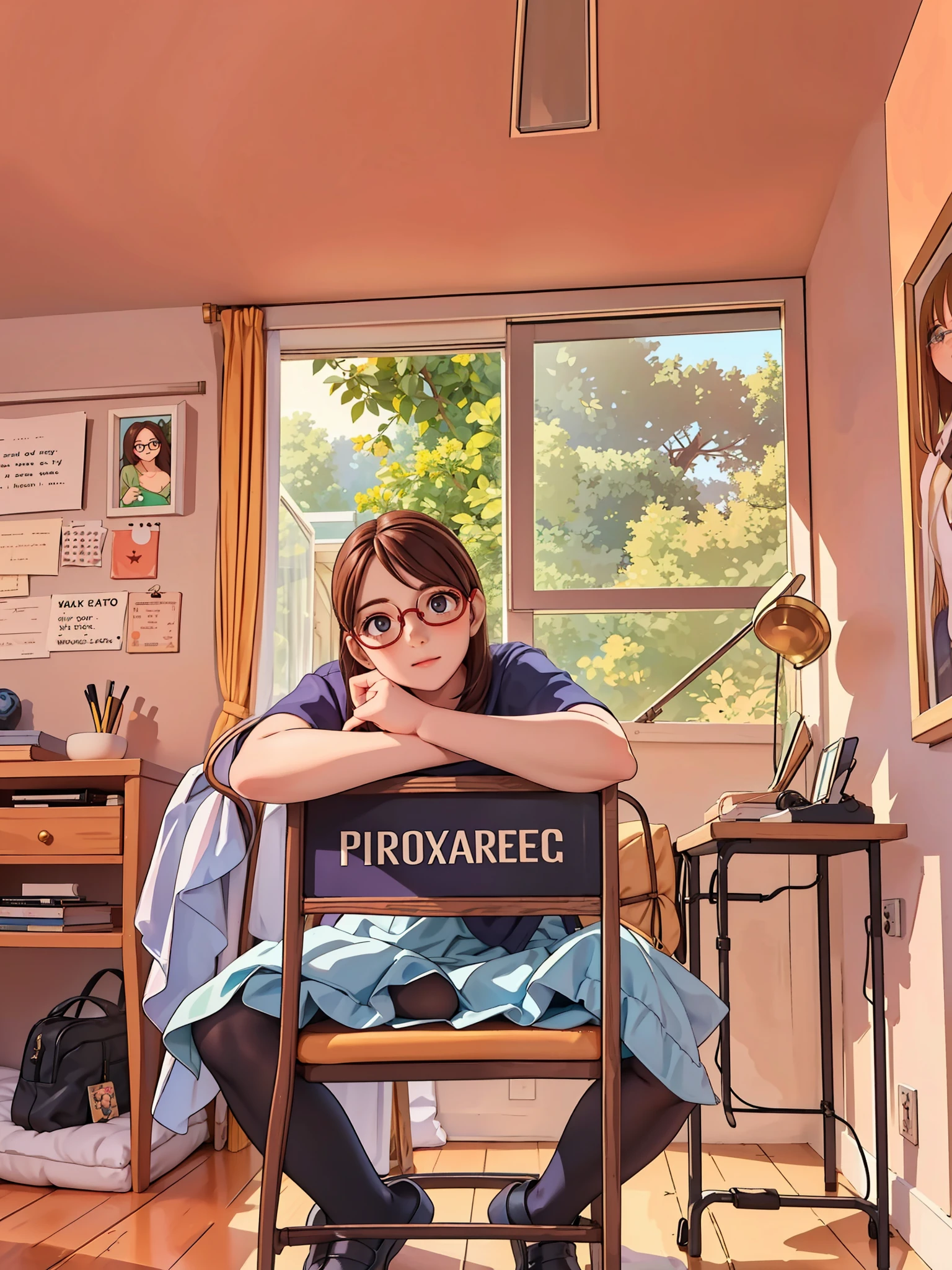(Indoors:1.1, girl wearing spectacles:1.2 and a skirt, dress, beautify, prettify, hall, room with window),(brown skin, beautiful face:1.1, sparkling eyes),(masterpiece:1.4).