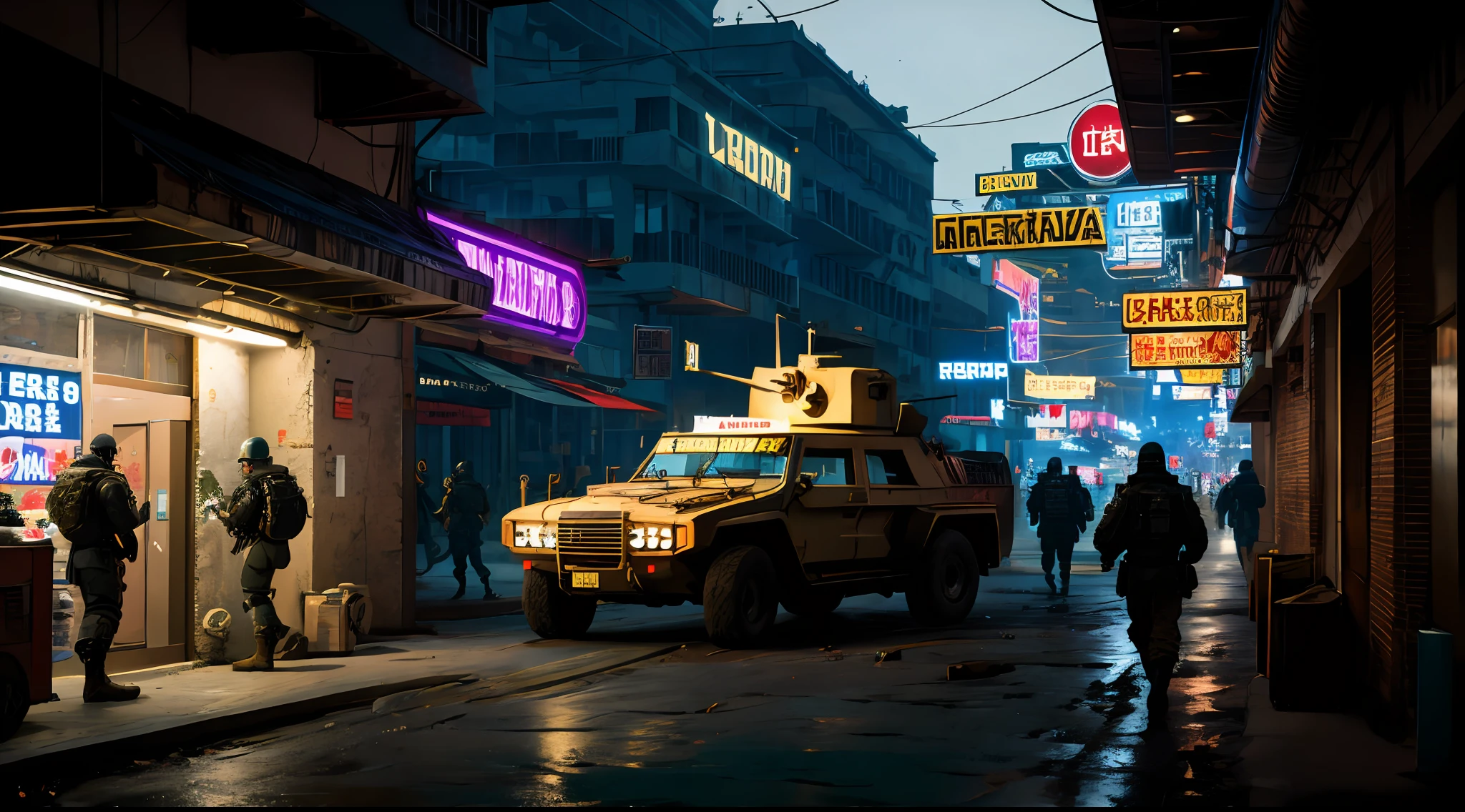 obra-prima, Army Soldiers, Tanques, dia em uma cidade cyberpunk bustling with neon signs, noite, lotado de pessoas, aesthetic cyberpunk, Very detailed lighting, Dramatic, trending digital art in Artstation 8k HD realistic detailed high definition, detalhado, textura da pele, hiper detalhado, textura de pele realista, armadura, melhor qualidade, Ultra alto nada, (fotorrealista: 1.4), alta resolução, detalhado, foto crua, sharp re, por Lee Jeffries Nikon D850 Film Fotografia de Stock 4 Kodak Portra 400 Camera F1.6 lens rich colors hyper realistic texture dramatic lighting unrealengine trend in artstation cinestill 800