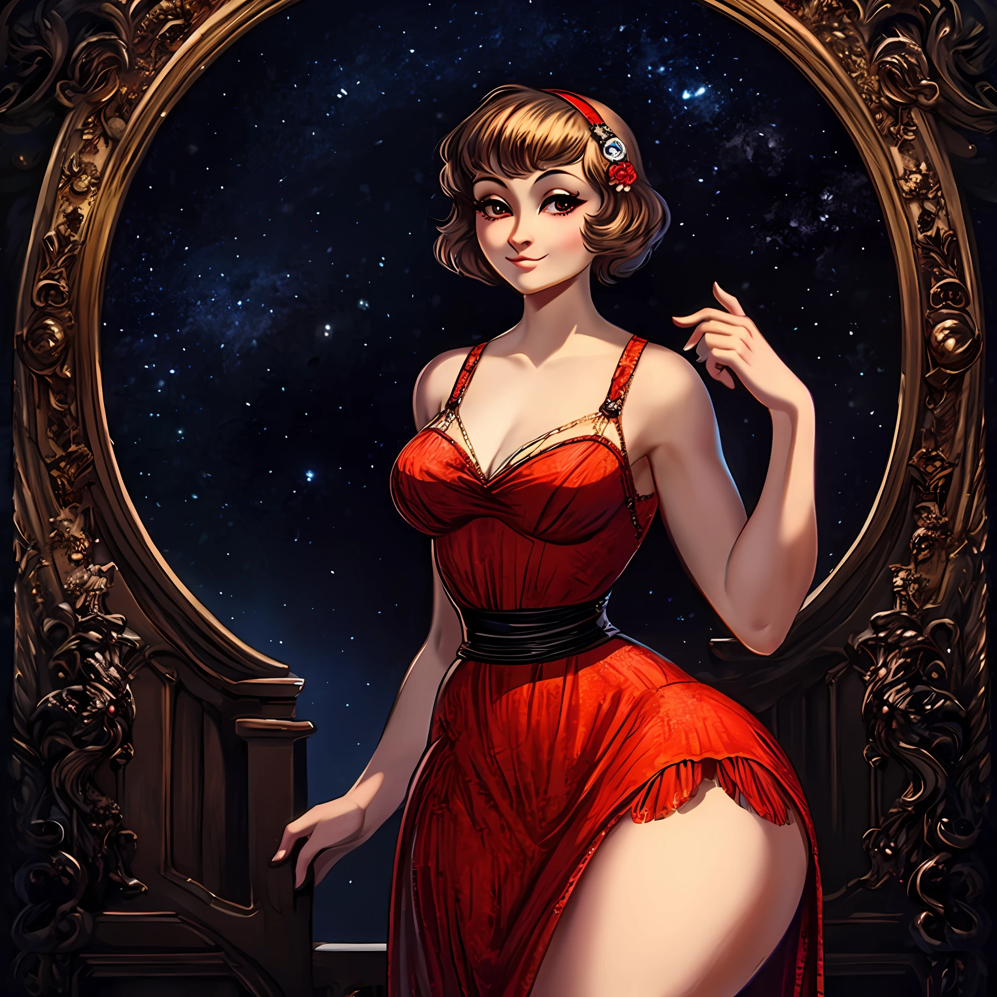 Vintage, 1930s, Long dress, dress defining the body, short hair, wide hips, huge thighs, slim waist, flapper, masterpiece, HD, vibrant, dark atmosphere