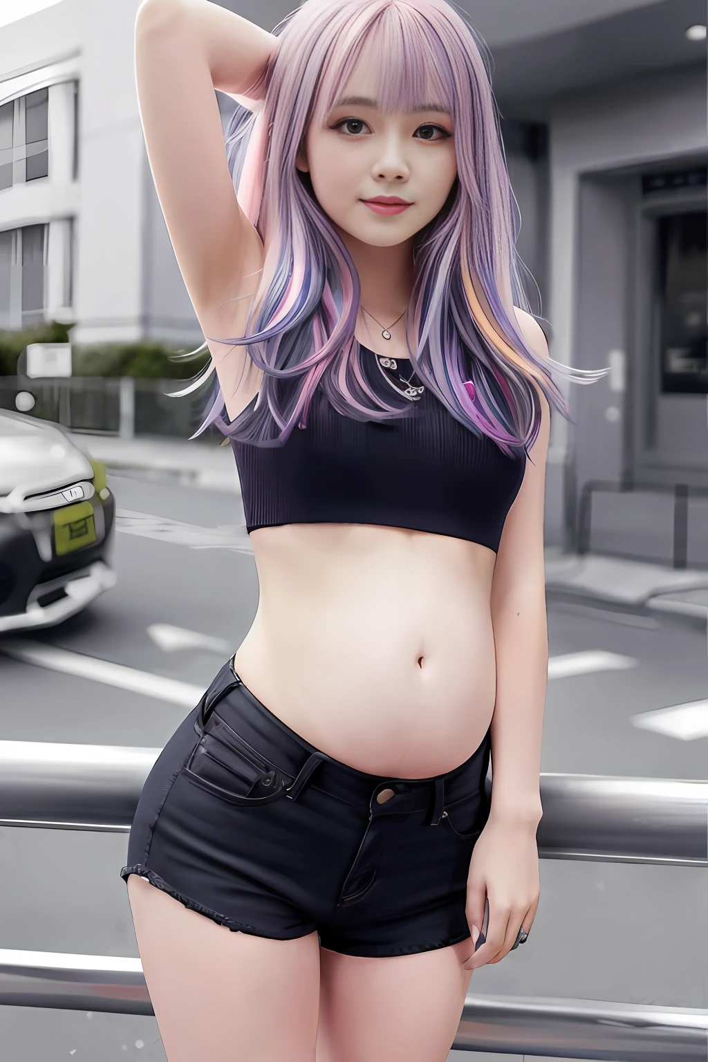 lucy \(cyberpunk\), 1girl, franja, ombros nus, cinto, pregnant big belly faixa preta, collant preto, black pant, blurry, corte bob, (seios pequenos), arms extended, noite, corte de roupas, jaqueta cortada, cyberpunk, profundidade de campo, olhos gradientes, olhos cinzentos, cabelos grisalhos, jaqueta, collant, lips gravida, barriga gravida nove meses, barriga grande, gravida nove meses,, mechanical parts, mid breasts, olhos multicoloridos, cabelo multicolorido, noite, nightsky, fora do ombro, roupas abertas, jaqueta aberta, ao ar livre, breeches, half-open lips, railing, delineador vermelho, sci fi, cabelo curto com mechas longas, shorts curtos, shorts, sidelocks, heaven, solo, standing on, dentes, recorte na coxa, apenas dentes superiores, jaqueta branca, shorts brancos, cyberpunk \(series\ ), cyberpunk edgerunners olhando para o espectador, (((umbigo recortado))), (umbigo), molhado, blush, boca coberta, boca fechada, highly resolution, fotorrealista, (pele brilhante), (((barriga))), fio, light particle, blue skies, contre-jours, cintura estreita, anatomia perfeita, melhor qualidade, 2D, (sorriso maligno)