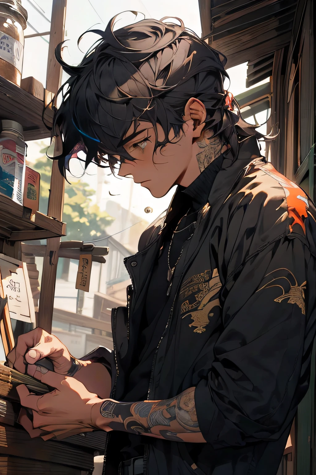 make realistic,(nmasterpiece,top Quority,最佳质量,offcial art),Heavily detailed,Colorful,Most detailed,Kamimei,length hair,cabelos preto e longos,Handsome man,wooden cabin,O sol brilha intensamente