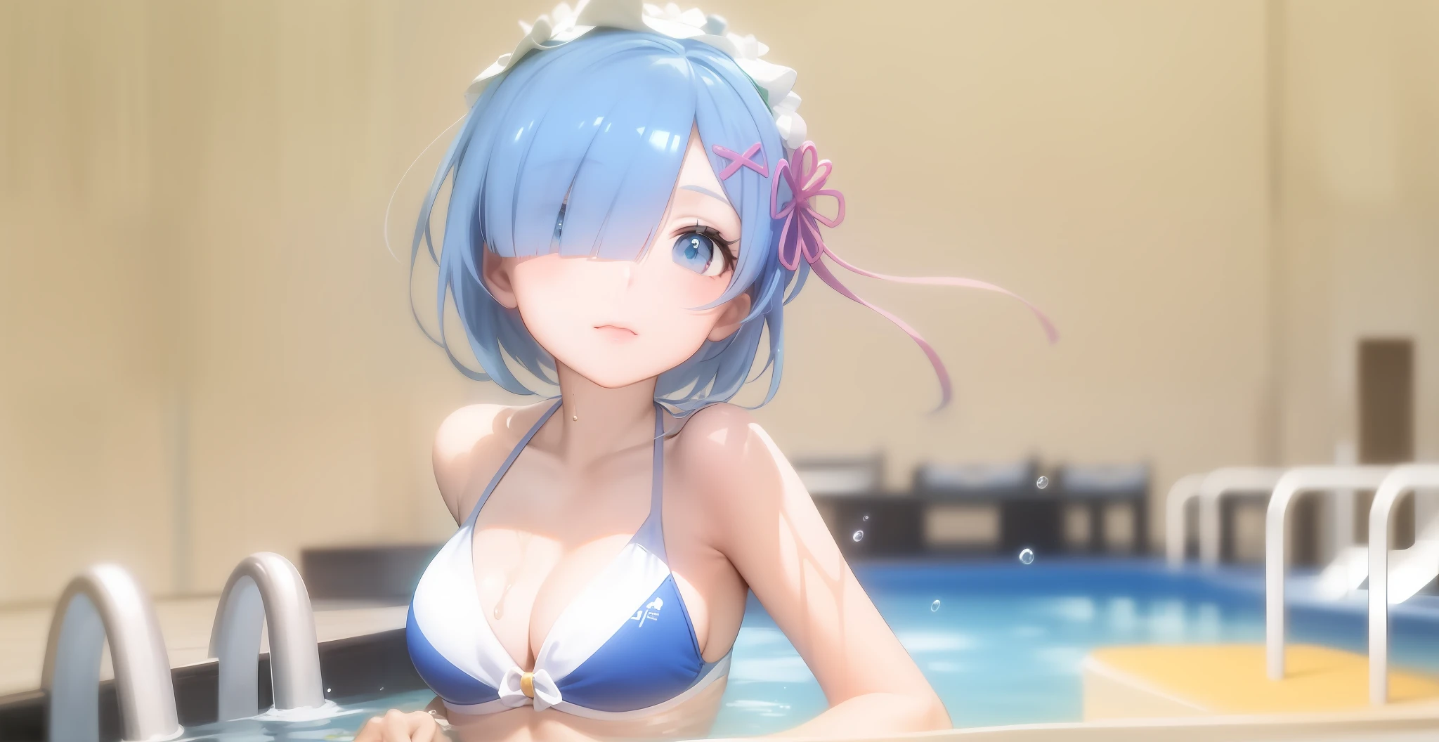 anime girl in a bikini sitting in a pool with a drink, rem rezero, anime moe art style, Lori, seductive anime girls, Top Rated in Pixiv, splash art anime , swimsuit, pixiv 3dcg, realistic bikini, small curvy loli pixiv, popular on pixiv, pixiv, wearing a swimming wear