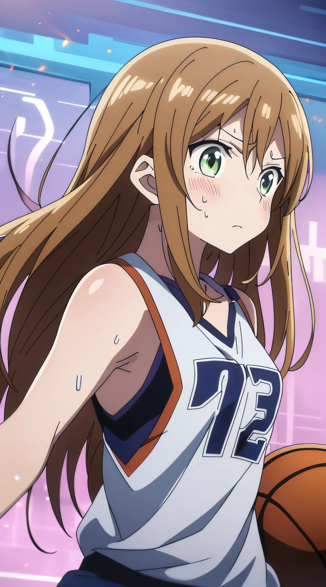 (beste-Quality,アニメ,Anime Art Style:1.2), babes, 13years, the sweat、Playing Basketball,Intense angle、Strenuous movements,looking away、deadpan