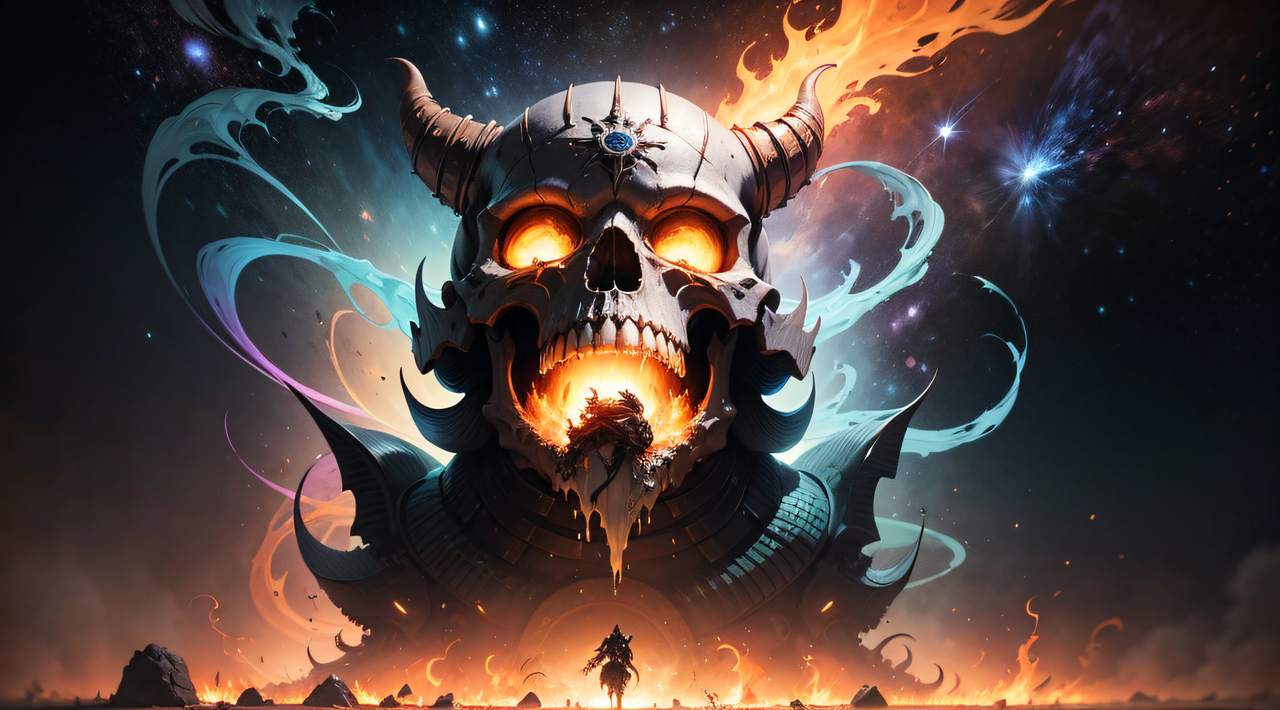 "gigantic psychedelic demonic cosmic skull of death and fire of outer space, fantasy painting, ultra realistic, dmt, wide angle, art nouveau, intricate details, digital painting, rainbowshift, vivid colors, highly detailed by peter mohrbacher, h. r. giger, maxfield parrish, craig mullins, octane render, cgi" --auto