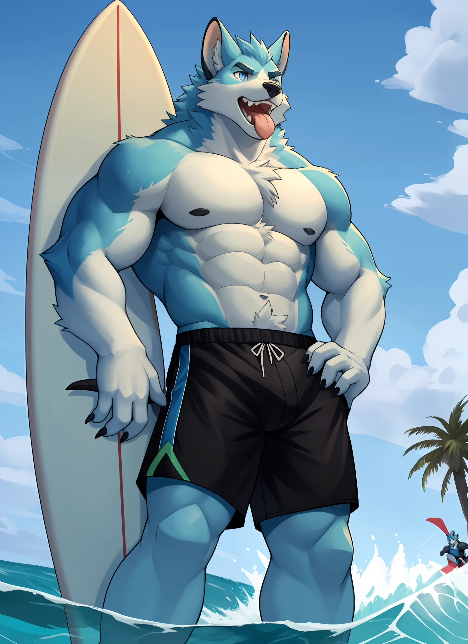 独奏，1boys， Male focus， very muscular， chest muscle， mucular male， Briefs， Sharp nails， During the Day，afloat， Long hairs， Blue fur，Thick legs，Lewd expression，独奏，solo person，swimshorts，Only one person！Cross your hands at the waist，Blue pupil，eye closeup，surfboard，Surfing，ocean swells，Stick out your tongue