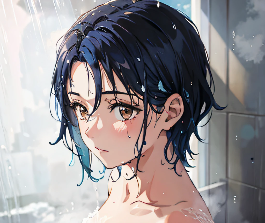 Beautiful anime portrait of a gloomy girl with short blue hair and brown eyes taking a shower, blue hair, naked, wet hair, neutral expression, blue hair, steamy, 19 years old, blue hair, interior, bathroom, shower stall, blue hair, ultra detailed, masterpiece, 8k, volumetric lighting, view from above, she has blue hair
