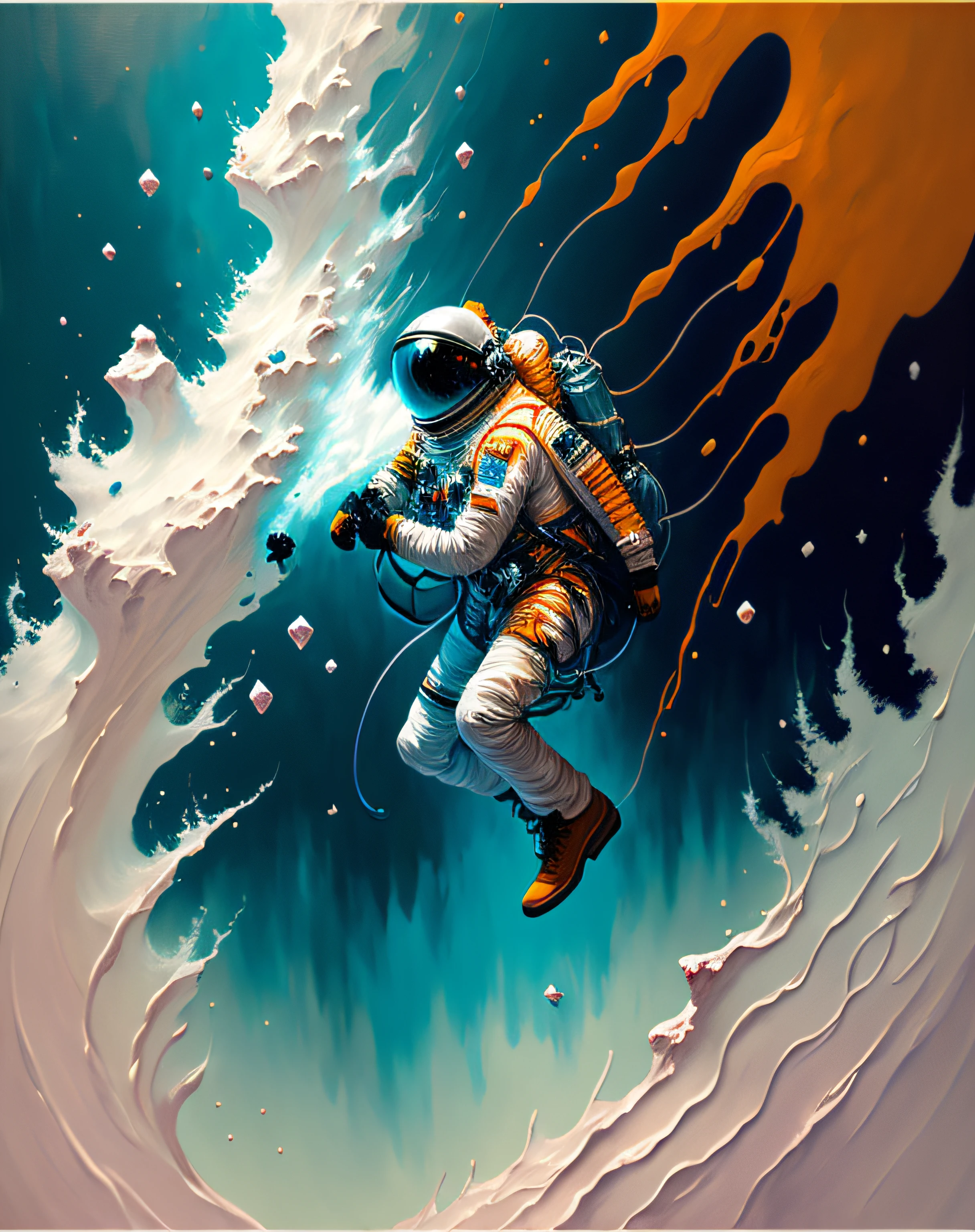 astronaut,  climbing the asteroid,  character render, ultra high quality model, ethereal background, abstract beauty, explosive volumetric, oil painting, heavy strokes, paint dripping