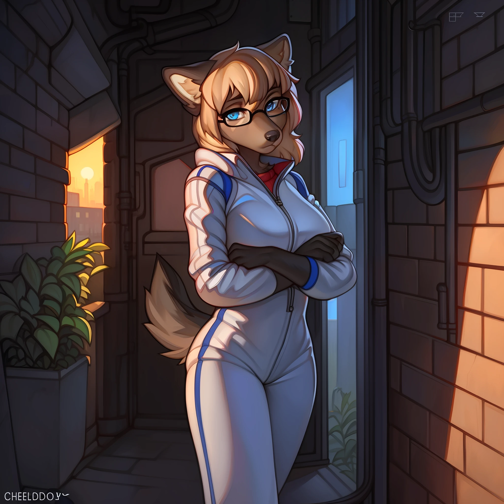 Solo, female, standing, (((by chelodoy))), canine, snout, long snout, glasses, black fur, black body, blue eyes, detailed eyes, detailed hands, white spacesuit, alleyway, plants, golden hour, tan hair, medium hair, bangs, fringe