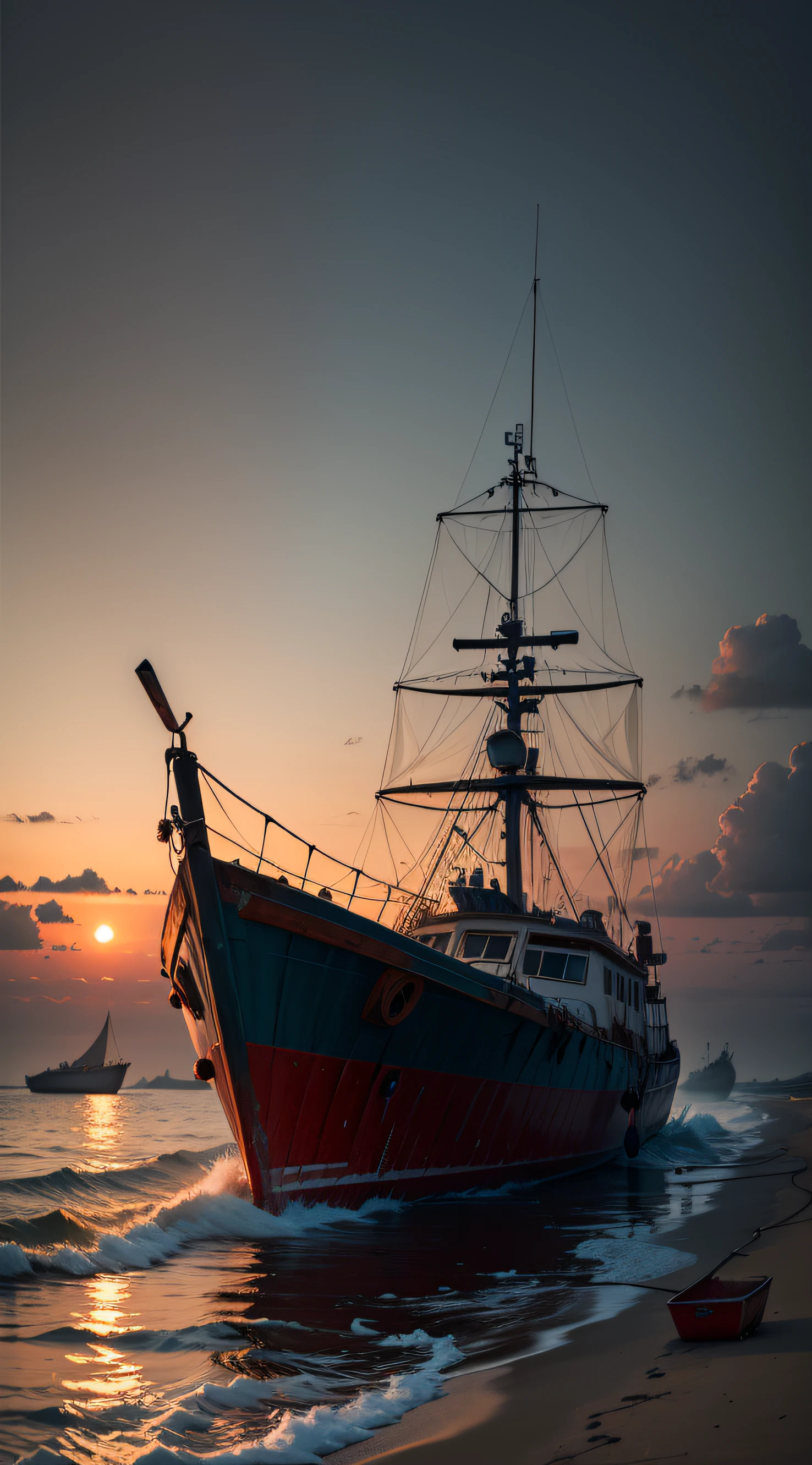 Dimly lit sea,Dilapidated fishing boats in the sea,Fishman