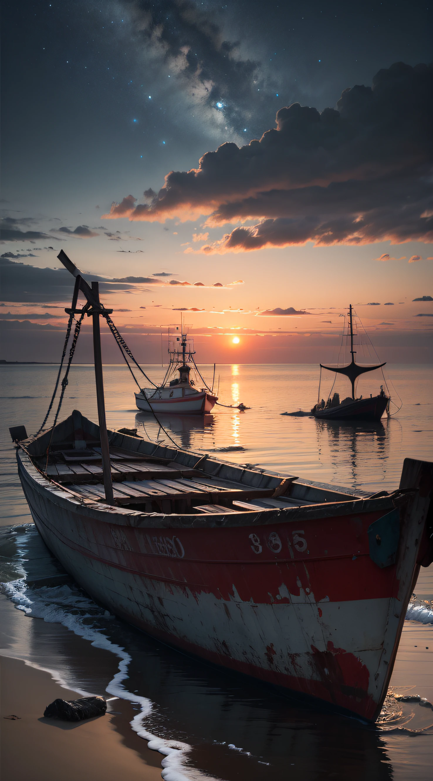 Dimly lit sea,Dilapidated fishing boats in the sea,Fishman