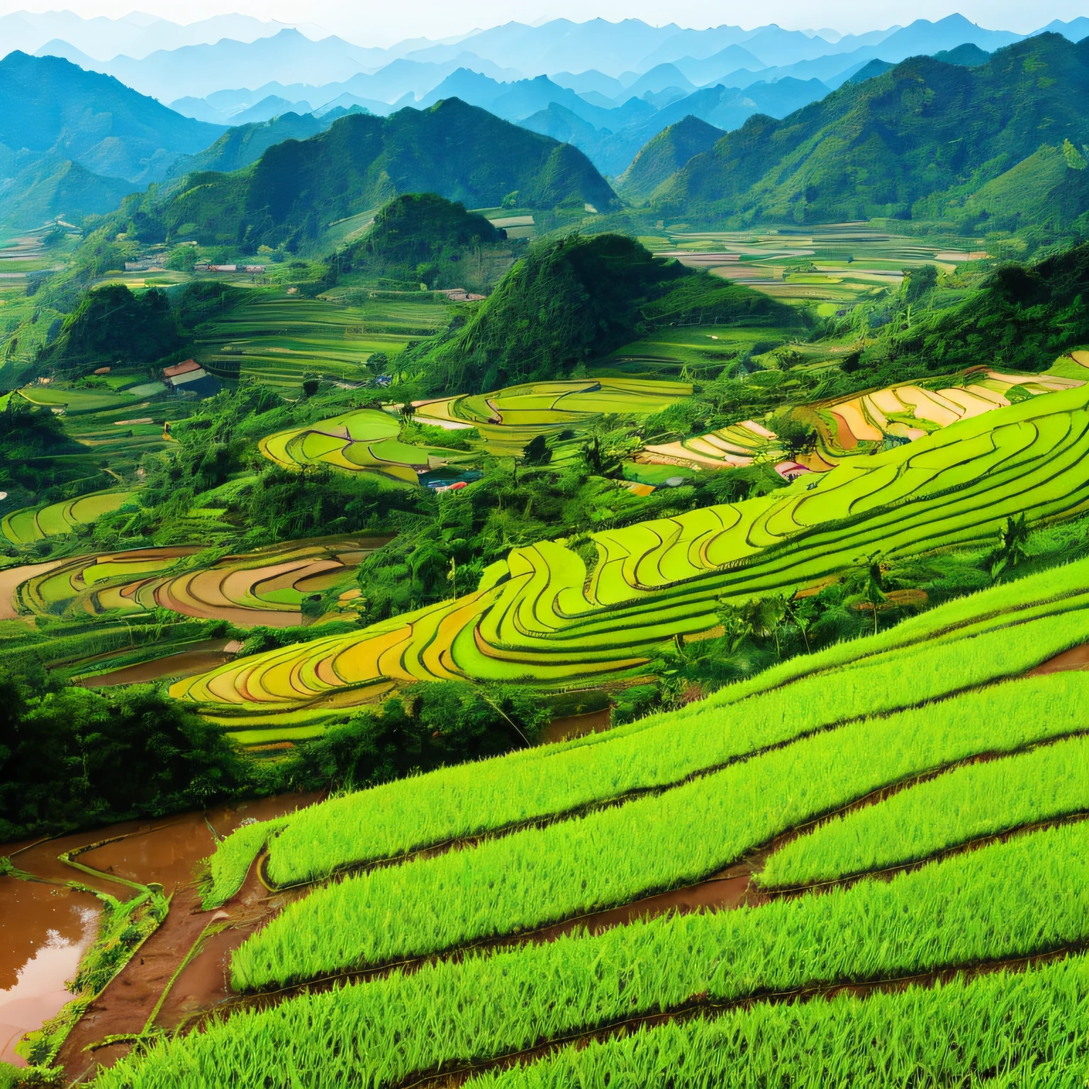 Draw Nature Viet Nam, the farming landscapes and paddy fields offer a picturesque blend of nature and human cultivation. Lush green paddy fields cascade across hilly terraces, where farmers in conical hats tend to their crops with care. These fields sustain the nation as rice is a staple crop, and their surrounding ecosystems attract diverse wildlife. The sight of these harmonious landscapes reflects Vietnam's deep connection with the land and its sustainable agricultural practices. --auto
