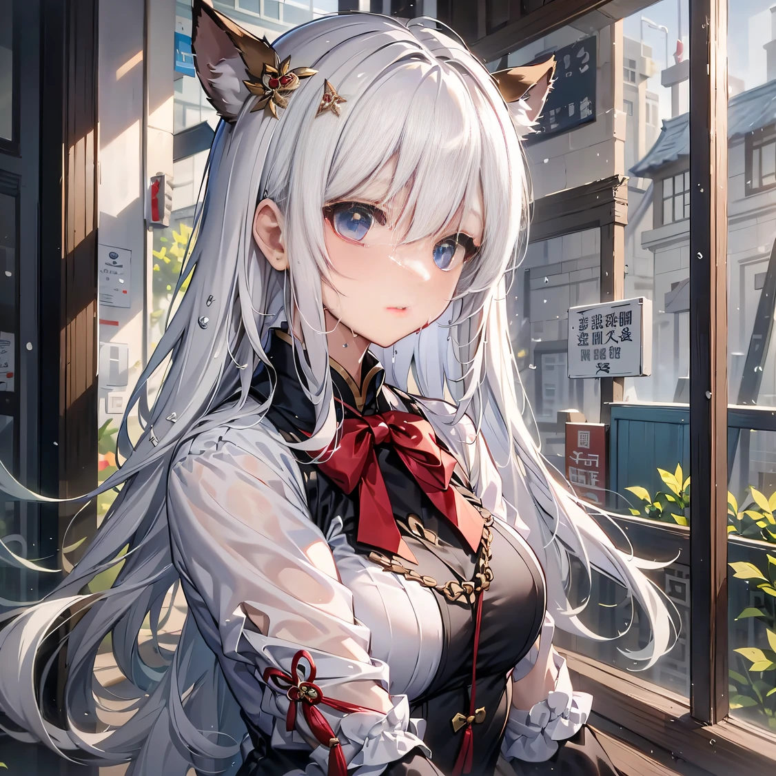 ，巨作, Best quality，8K, ultra-high-resolution，ultra-high-resolution，Stewardess，Bloodshot eyes，unexpressive，whitehair，Bow hair ornament，Get wet，Deer tail，Bow，Yes，colored glass，Chinese wind，Ji Ji Fa