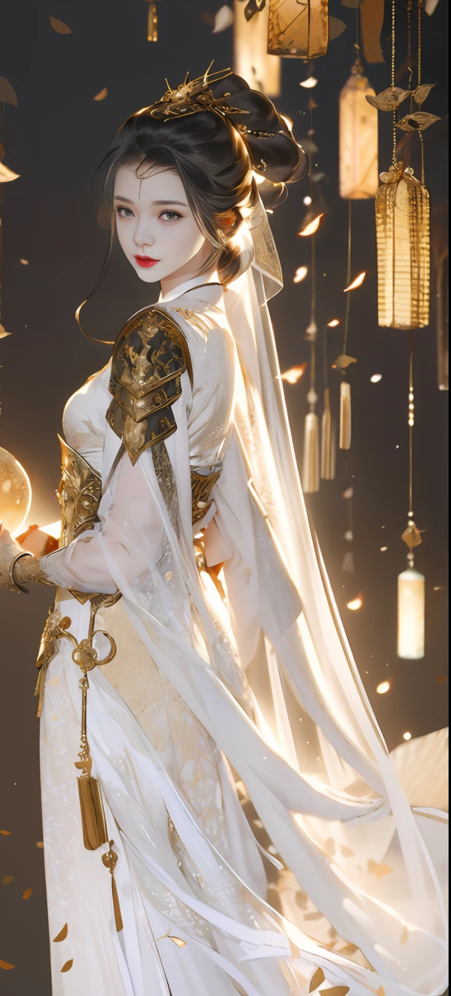 Beautiful details for girls,Very detailed eyes and face,beautiful eyes in detail,Ultra-detailded,high resolucion,Very detailed,The best quality,illustration,exquisite detailing,Best quality,Very detailed CG,8k壁紙,agirl,woods,Long black hair,ponytailhair,Gold ornaments,bangle,(White veil),Beauty of the Western Regions,With a machete,(((White clothes))),blossoms,Lanterns,complex texture,streamers,Shoulder armor,Armour,,Skirt armor,sophisticated background,