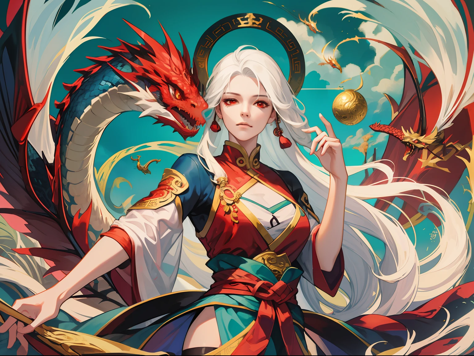 "nmasterpiece, need, ultra fine, Semi-realistic, Meticulous facial features, Xian Xia costume HD wallpaper, 1 bit(whitehair+length hair+red - eyed:1.2+0.9+0.9), Flowy and dynamic pose, with rich details, Cool background, Dragon snake texture"