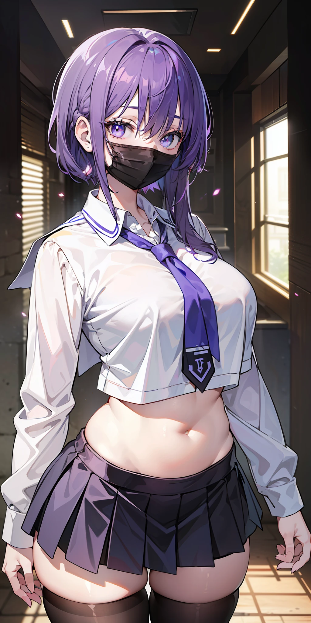 ((masterpiece)), ((best quality)), ((anime profile style)), ((HD 4k)), ((female character)), ((high school girl)), ((beautiful body)) , girl, female face, happy, ((flushed)), (mouth mask), light skin, ((eyes)), Eyelid, Pupil, Sclera, Iris, eyebrow, eyelashes, ear, nose, ((hair)) , ((purple hair)), ((light effect on hair)), long-sleeved shirt, tie, short skirt, tights, ((light effect on clothing)), ((light effect on body)), neck, shoulders, (thin waist), ((perfect belly)), arms, ((thick legs)), ((big thigh)), background, ((at school)), details in the environment, surrounding objects , ((lighting)), viewer's view