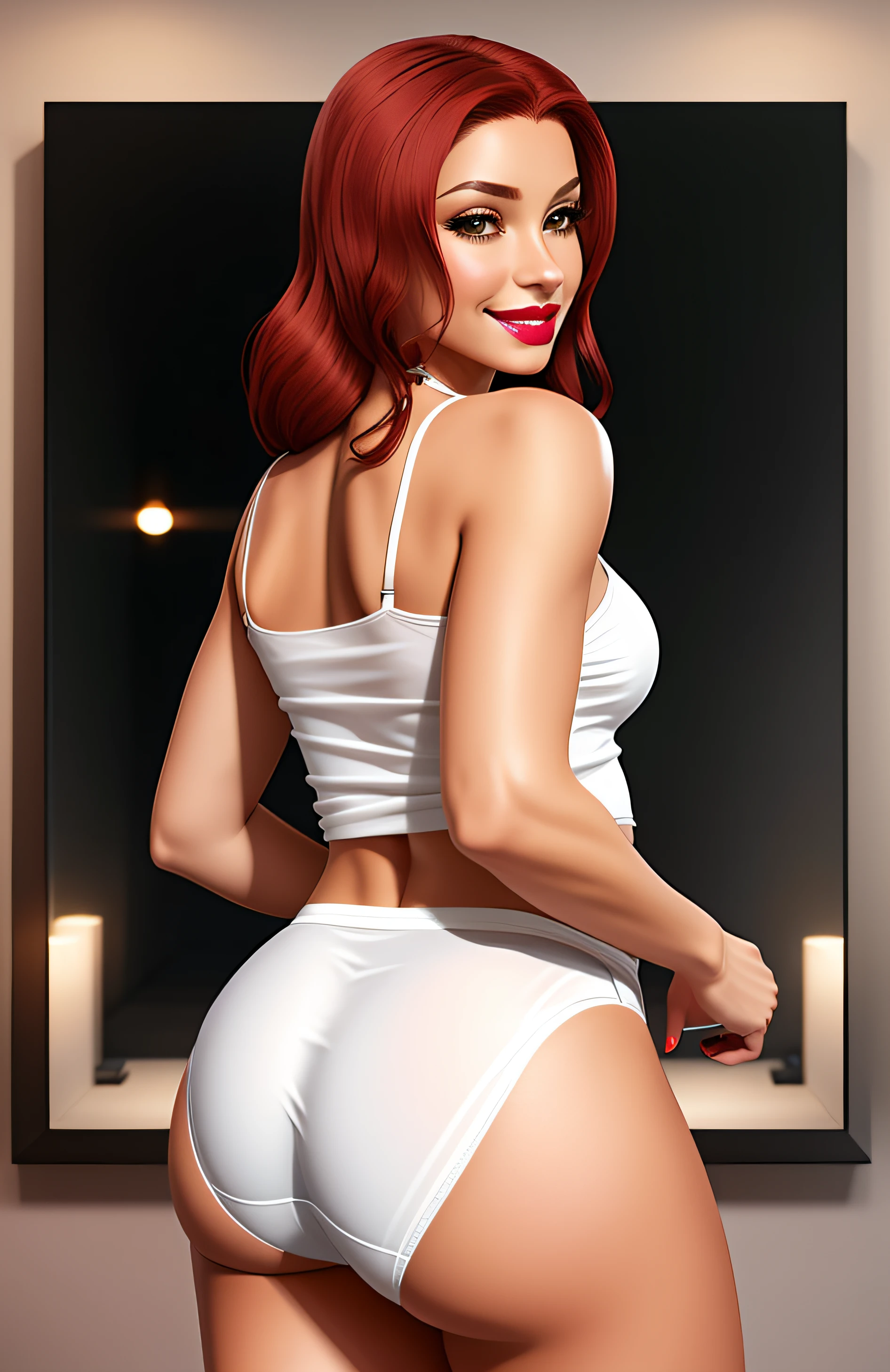 Red haired Latina, in white camisole, and big white cotton panties, big butt, back shot, wearing lipstick, smirking, realistic art style, intricate details