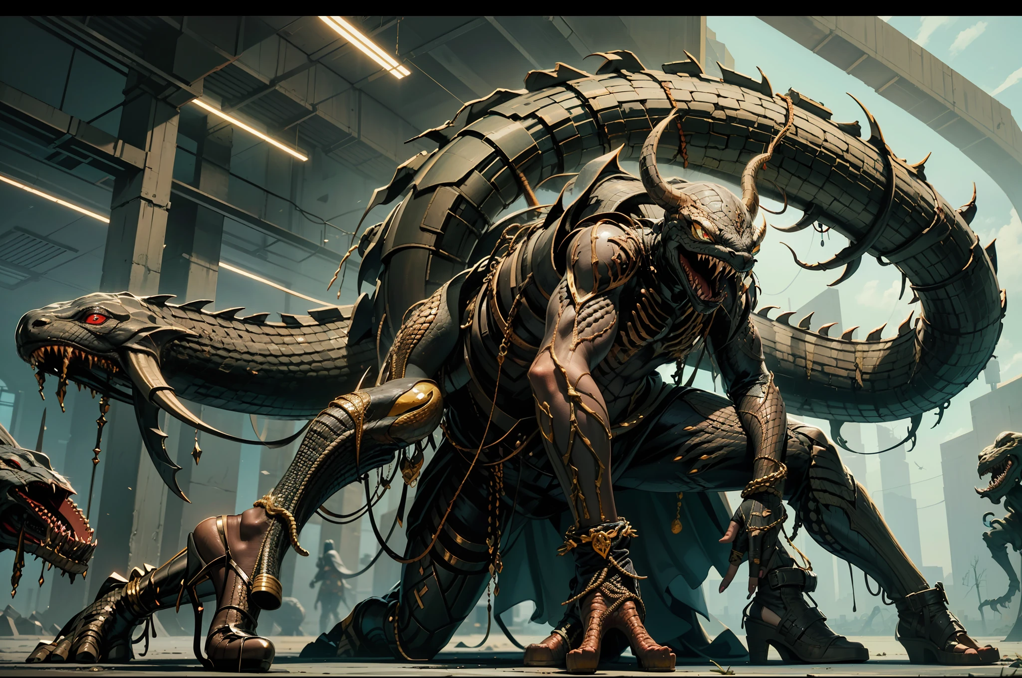 ((Melhor qualidade)), ((obra-prima)), (altamente detalhado:1.3)3D,tanjoreai , In the midst of a realm of enchantment and mythical wonders, contos de (heroes:1.1) e (Heroines:1.2) Powers: Serpent Transformation and Deadly Poisom, The Ebony Serpent is a cruel and treacherous assassin with a seductive and deadly appearance. She has long, jet-black hair and piercing emerald eyes. Her skin is pale and smooth as silk, in contrast to the venomous nature of her touch. When it springs into action, its human body transforms into a black, scaly snake, capable of slithering stealthily and striking with extreme speed. Its venom is highly lethal. aeratura, 8K RAW, sub-pixel eficiente, sub-pixel convolution, luminescent particles,