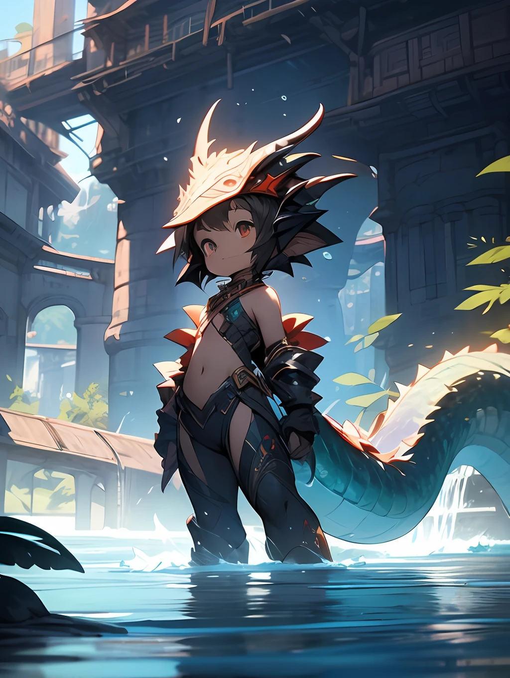 a cartoon picture of a girl with a dragon costume standing in a river, concept art by Yang J, pixiv contest winner, fantasy art, kawacy, artwork in the style of guweiz, trending on artstation pixiv, dragon girl, guweiz, lalafell, cute little dragon, as an anthropomorphic dragon