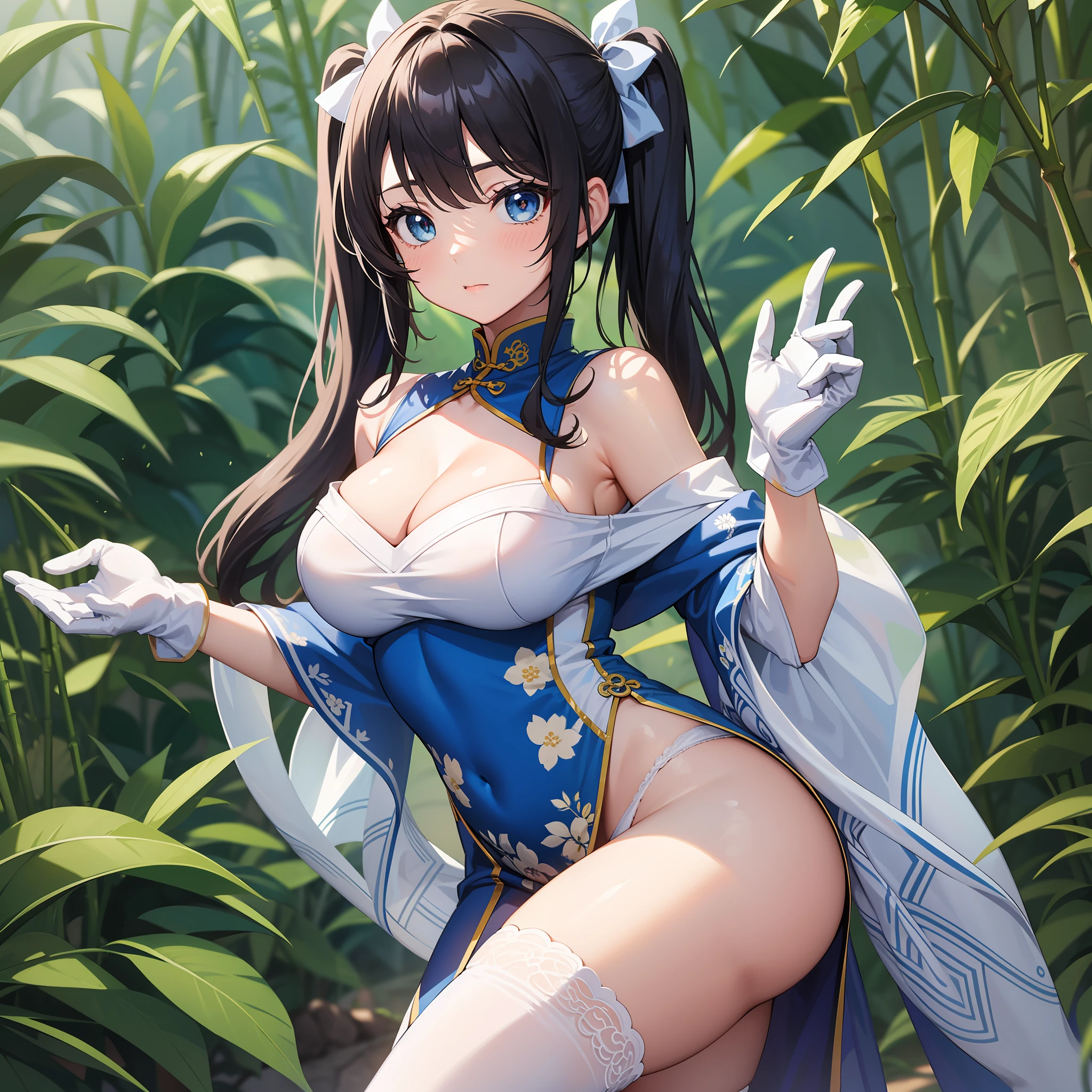 Girl with long thin hair in 2 pigtails and blue ties, anime girl with black hair, off shoulder, Using a white blue short mini cheongsam, blue stocking, dance style, in the bamboo tree, blue eyes, masterpiece, UHD, Big eyes, blue high heels, White gloves, Chinese outfit, White panties