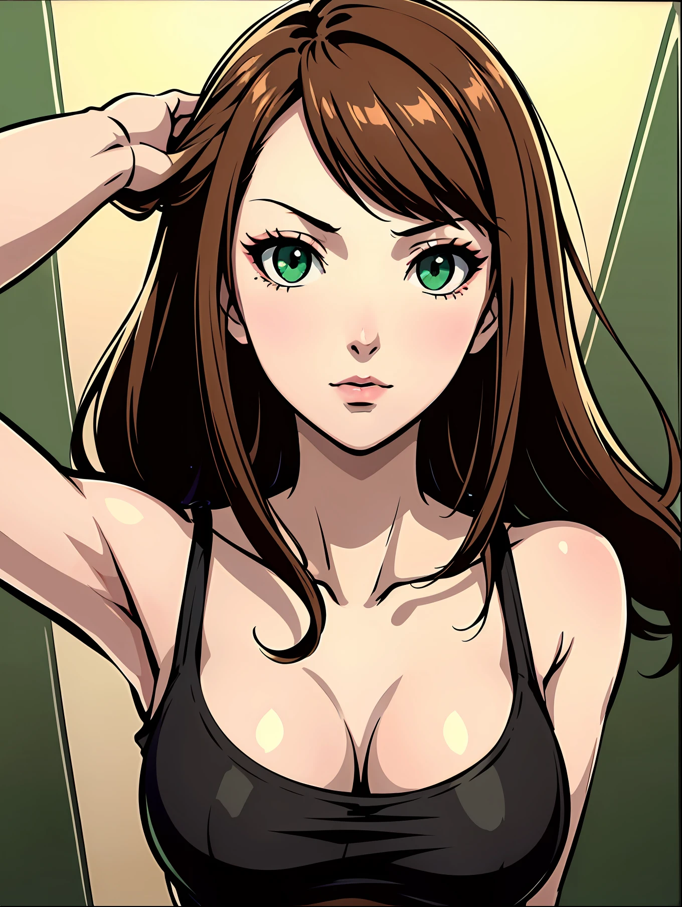 persona 5 art style, (masterpiece), best quality, beautiful detailed hair detailed face, girl, solo, close-up portrait, narrow perspective, perfect feminine face, very stunning woman, (black tanktop), chesnut brown hair, shoulder length hair, green eyes