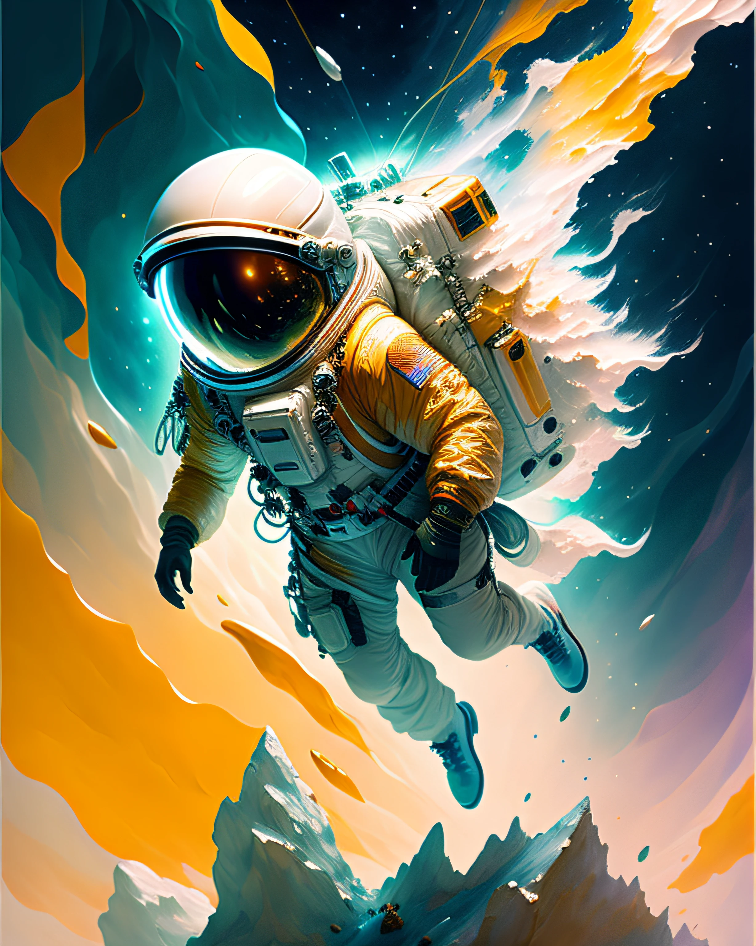 astronaut,  climbing the asteroid,  character render, ultra high quality model, ethereal background, abstract beauty, explosive volumetric, oil painting, heavy strokes, paint dripping