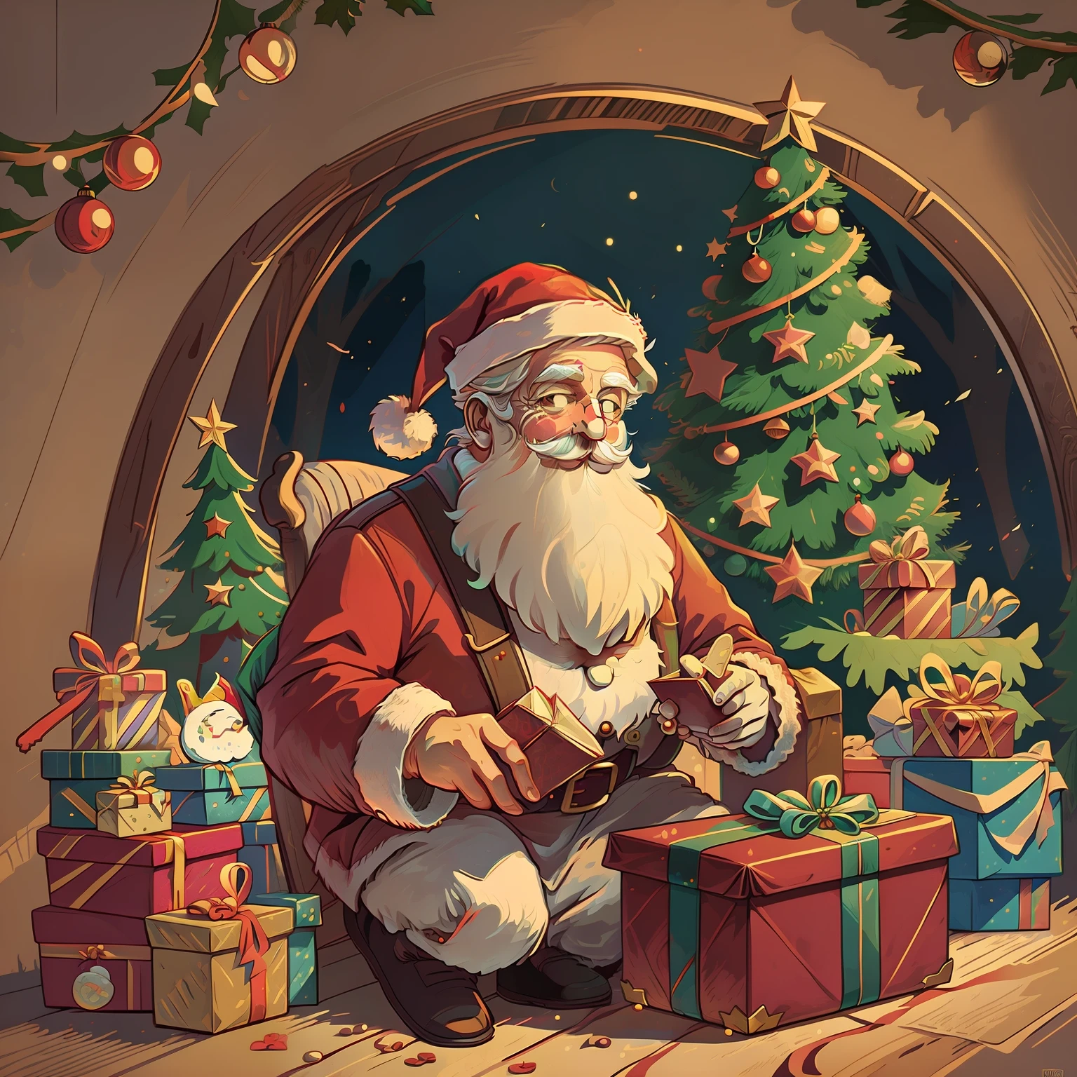 antique Victorian santa claus in front of christmas scene, engraving! vector art! illustration! --auto