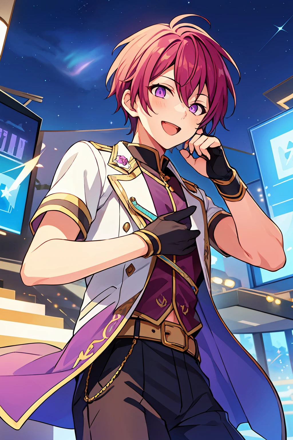 (high-quality, breathtaking),(expressive eyes, perfect face), 1boy, male, solo, short, young boy, purple hair with long parted bangs, pink eyes, laugh, purple idol outfit, pants, starry sky