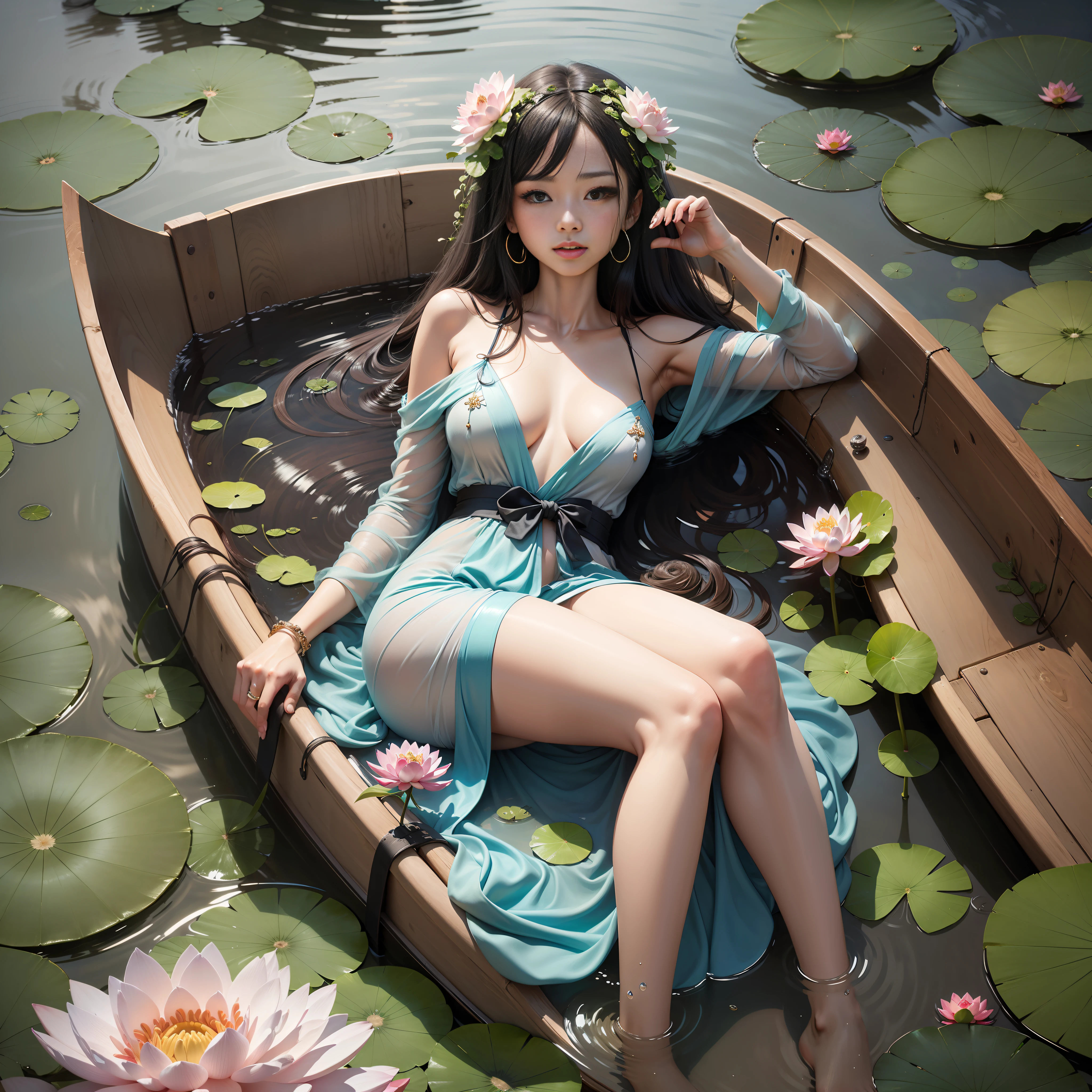 a woman with，classical，Traditional features，Cyan classical long dress，Cyan gauze cardigan，The hem of the lower skirt is spread out，with big eyes，exquisite facial features，Authentic skin texture，On a small boat，ponds，Lotus leaves，lotus flower，Rainy sky，There are fish frolicking in the water，Half lying on a boat，One hand supports his head，One foot hangs in the water，Cool temperament，Light and elegant temperament，classical beauty，cabelos preto e longos，A lotus flower is pinned to one side of the hair，Naked foot，There are bells hanging from the ankles