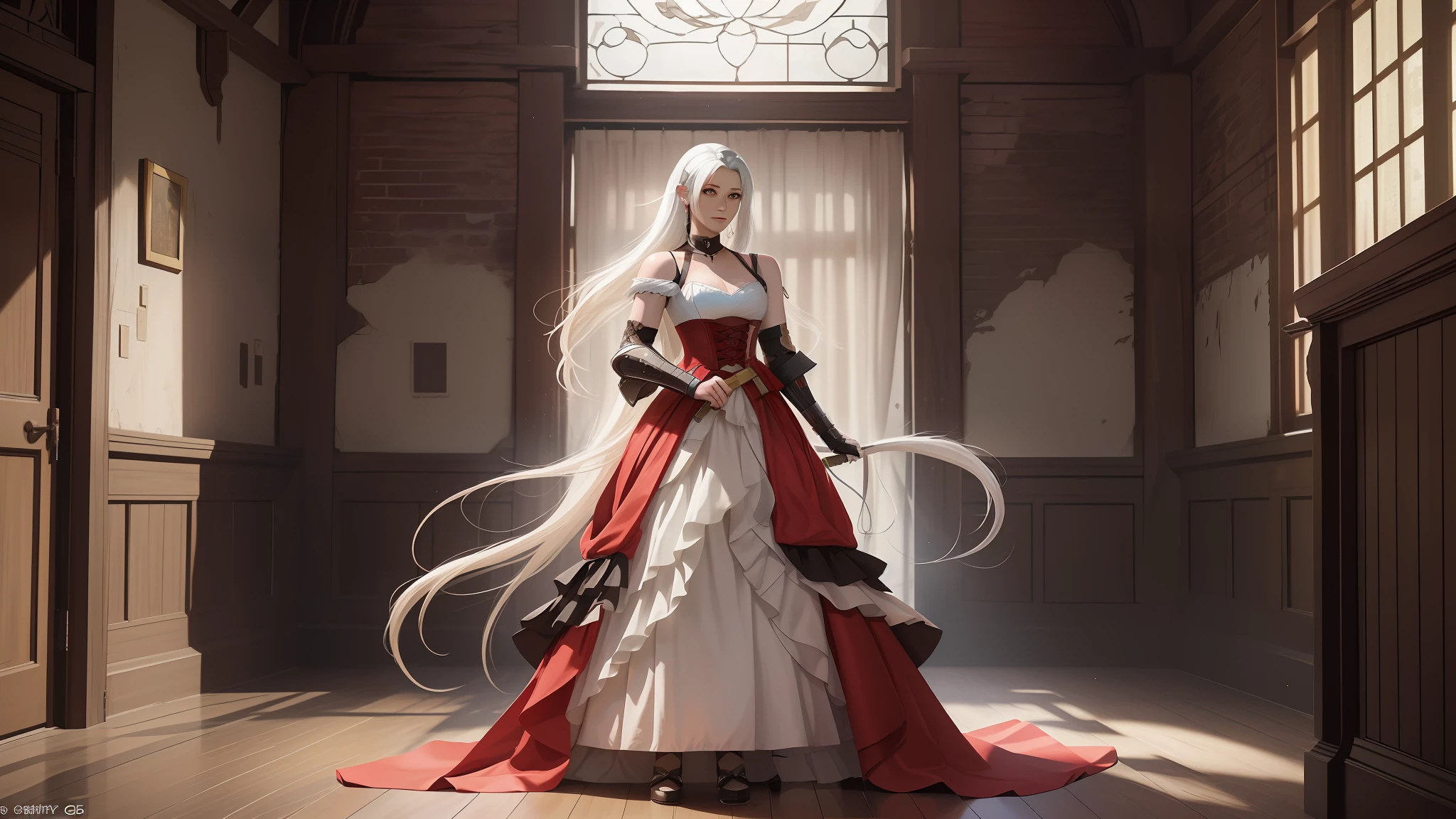 there is a woman in a red and white dress standing in a room, a picture by Okada Beisanjin, trending on cg society, shin hanga, edelgard fire emblem, captured on canon eos r 6, edelgard from fire emblem, in monster hunter armor, from ncsoft, tifa lockhart with white hair, ad image